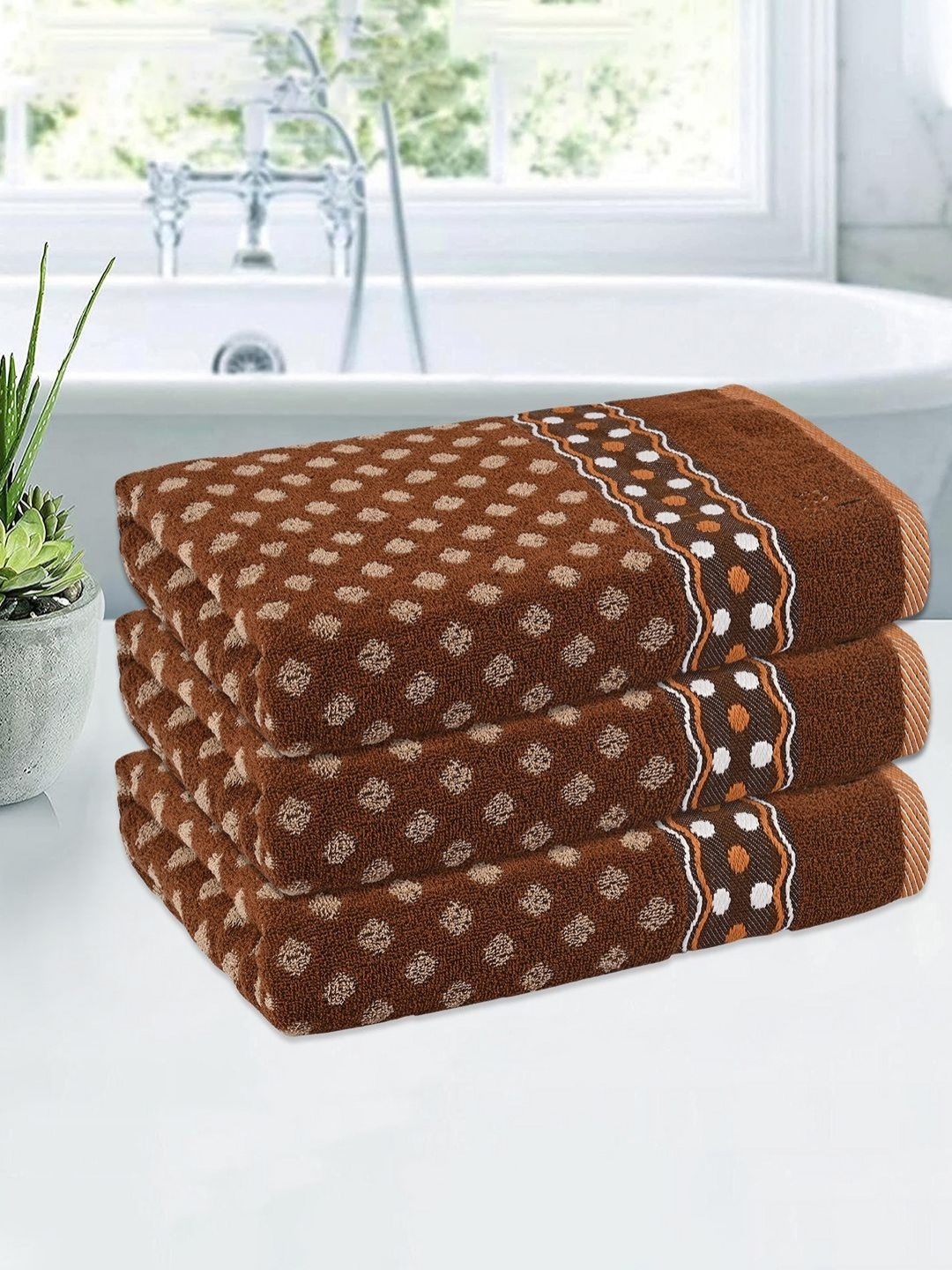 

Kuber Industries Brown & White 3 Pieces Printed Cotton 144 GSM Bath Towel