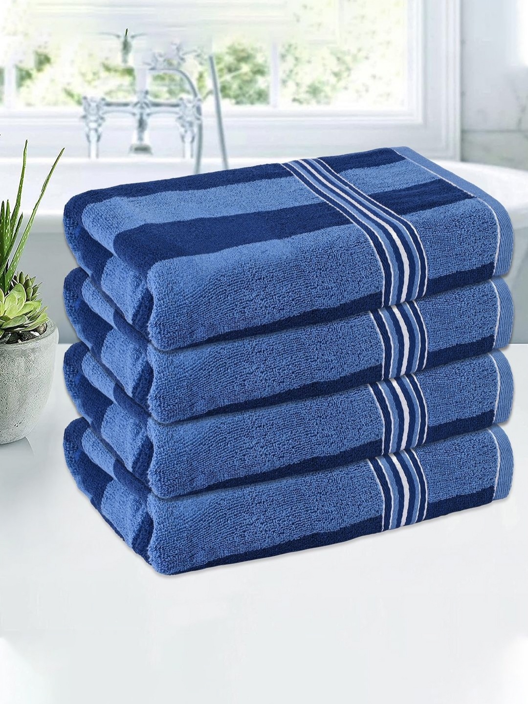 

Kuber Industries Blue & White 4 Pieces Striped Cotton 150 GSM Bath Towel