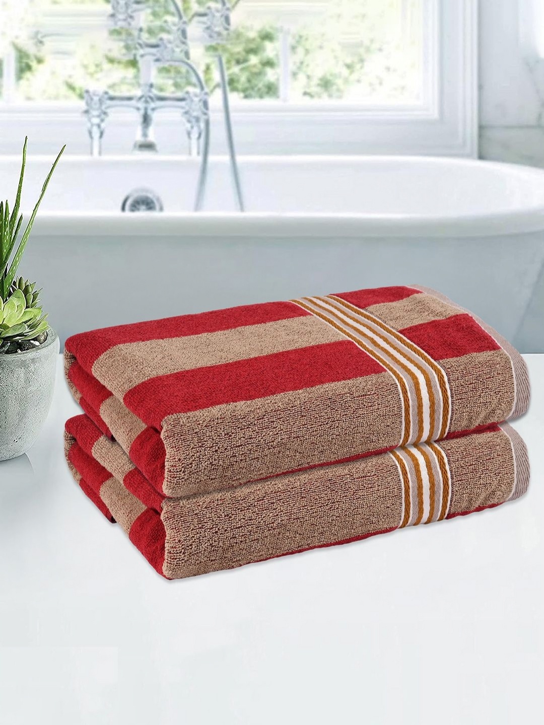 

Kuber Industries Cream & Red 2 Pieces Striped Cotton 150 GSM Bath Towel