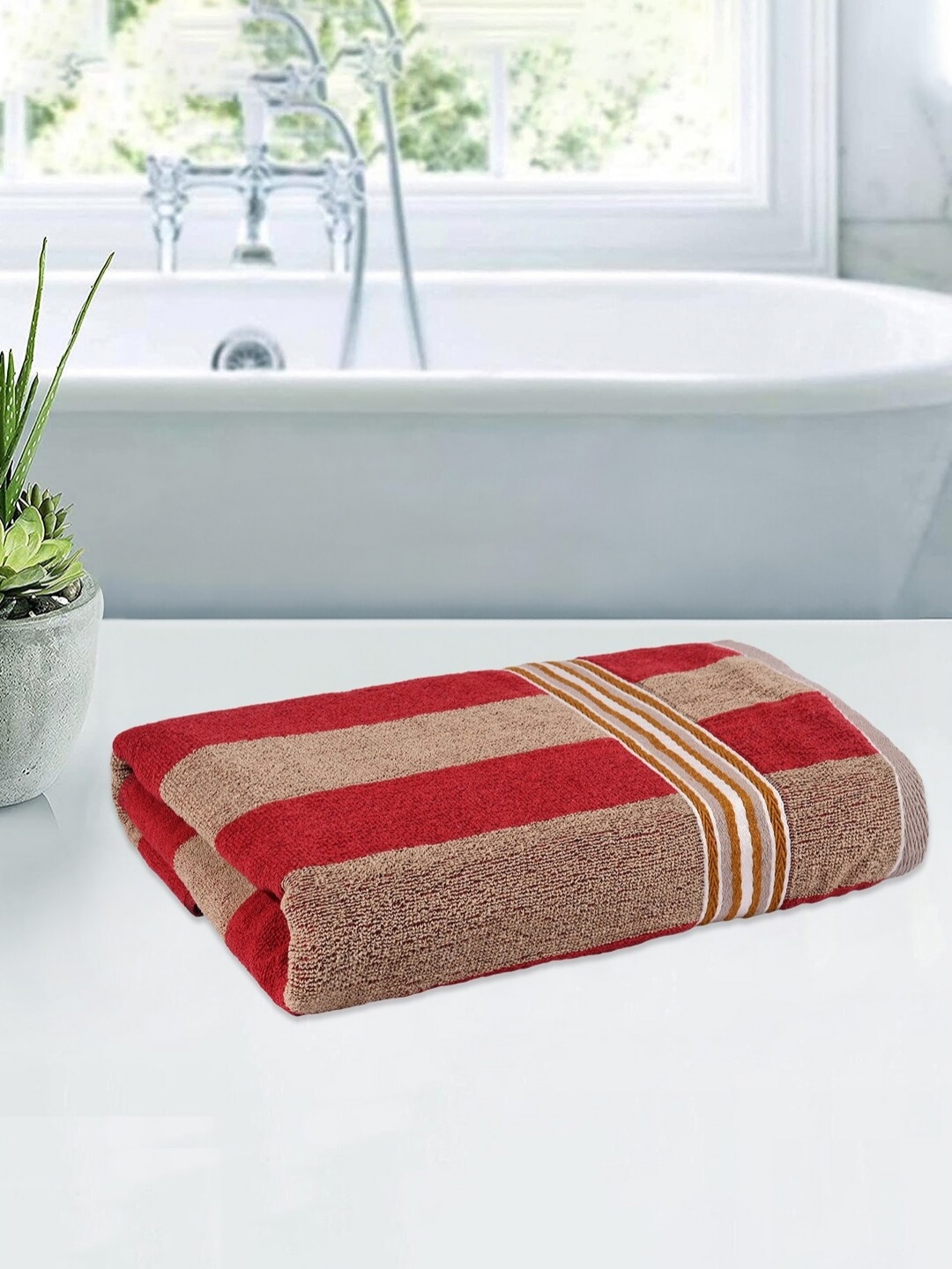 

Kuber Industries Cream & Red Striped Cotton 150 GSM Bath Towel