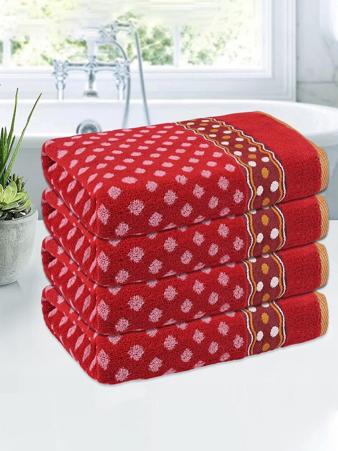 

Kuber Industries Red & White 4 Pieces Printed Cotton 150 GSM Bath Towels