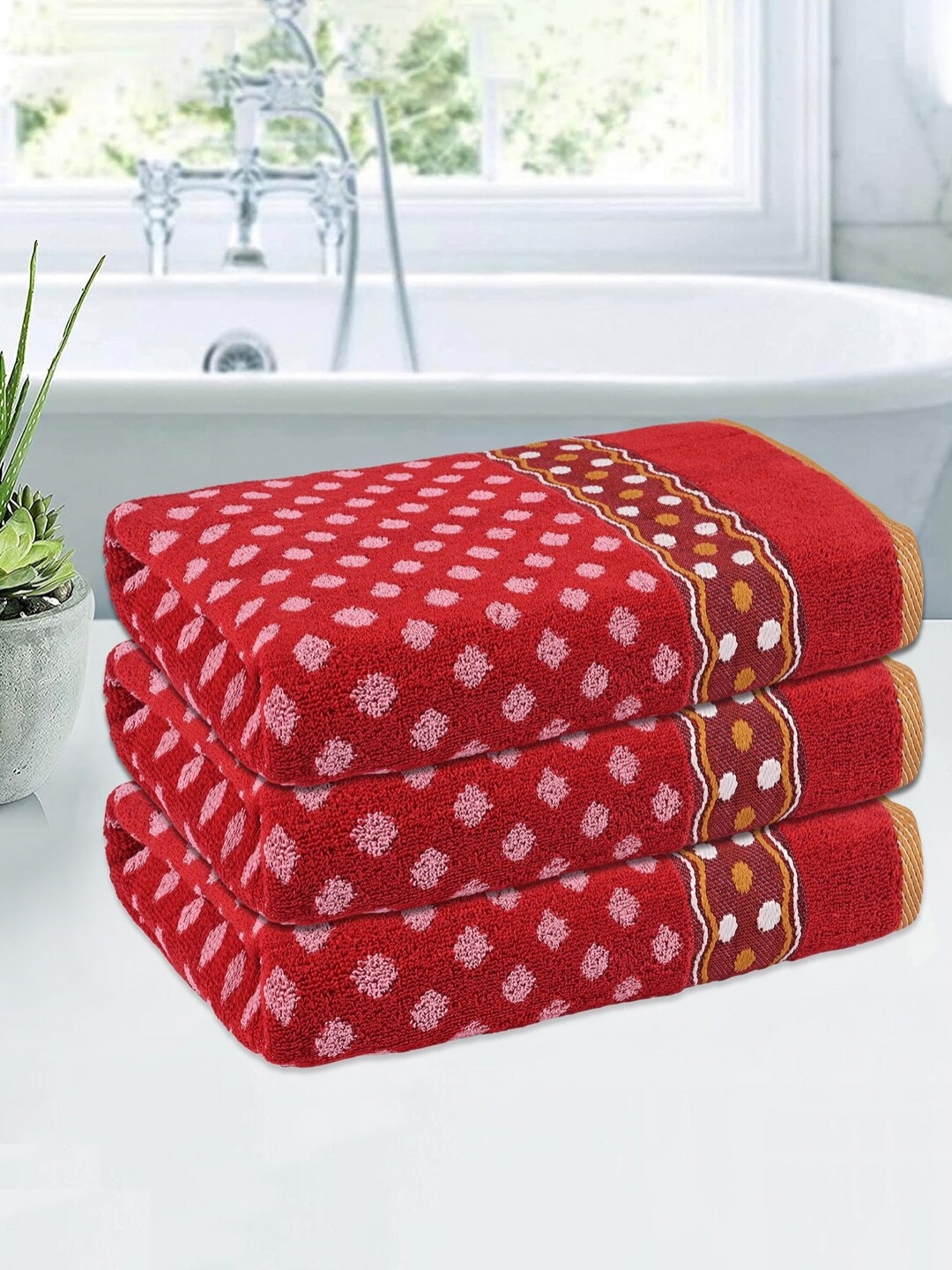 

Kuber Industries Red & White 3 Pieces Printed Cotton 150 GSM Bath Towel