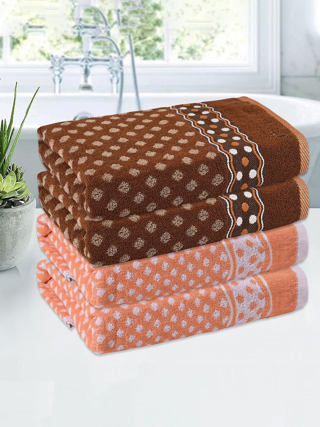 

Kuber Industries Brown & Orange 4 Pieces Printed Cotton 144 GSM Bath Towels