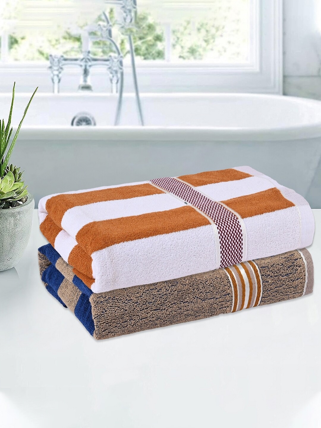 

Kuber Industries Cream-Coloured & White 2 Pieces Cotton 150 GSM Bath Towel