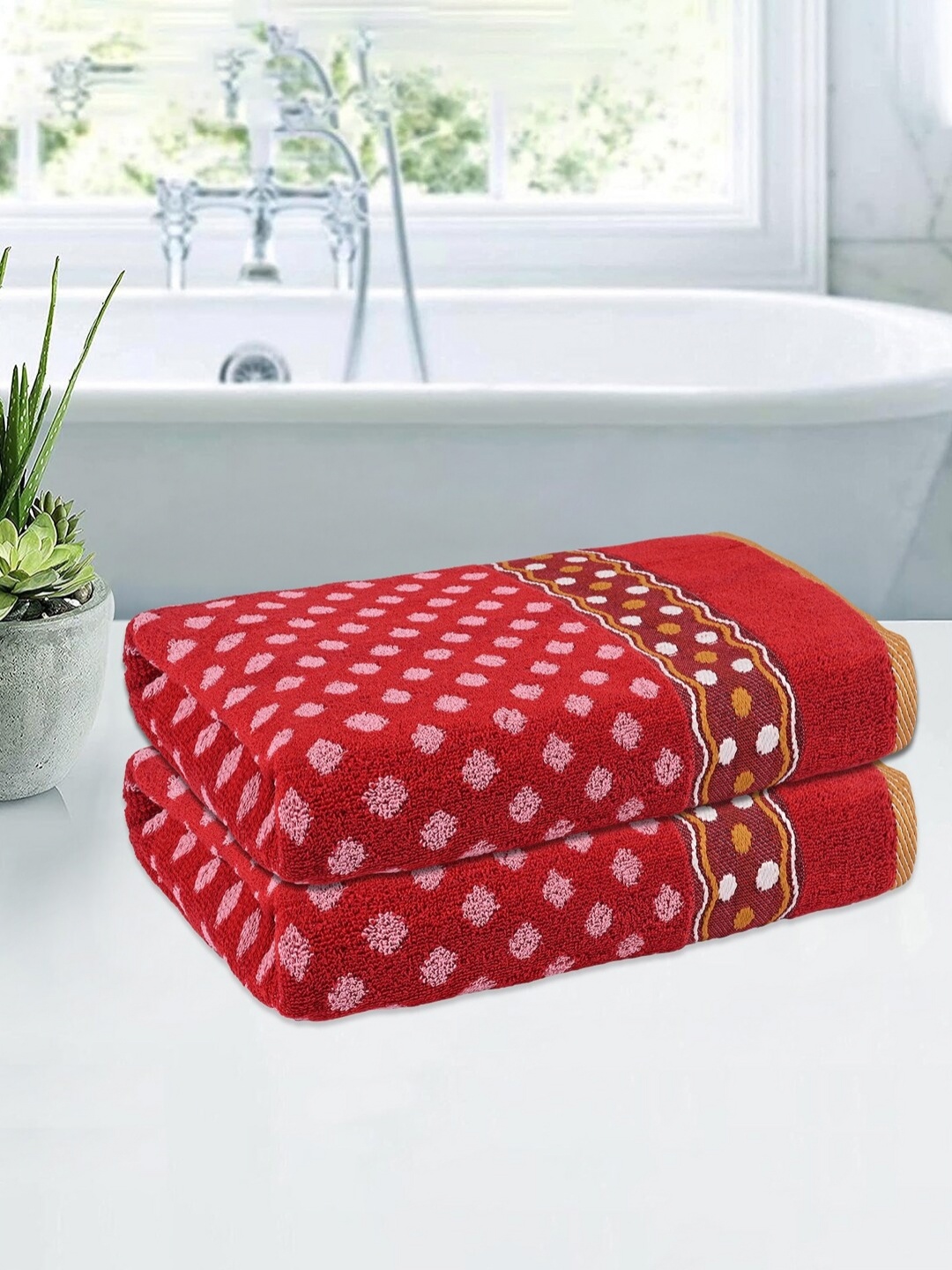 

Kuber Industries Red & White 2 Pieces Printed Cotton 150 GSM Bath Towel