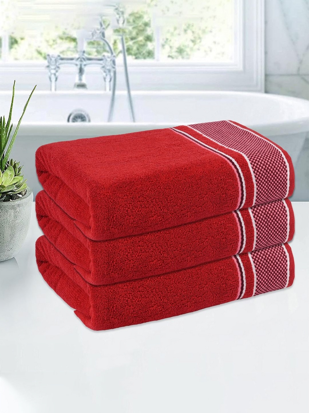 

Kuber Industries Red & White 3 Pieces Cotton 150 GSM Bath Towels
