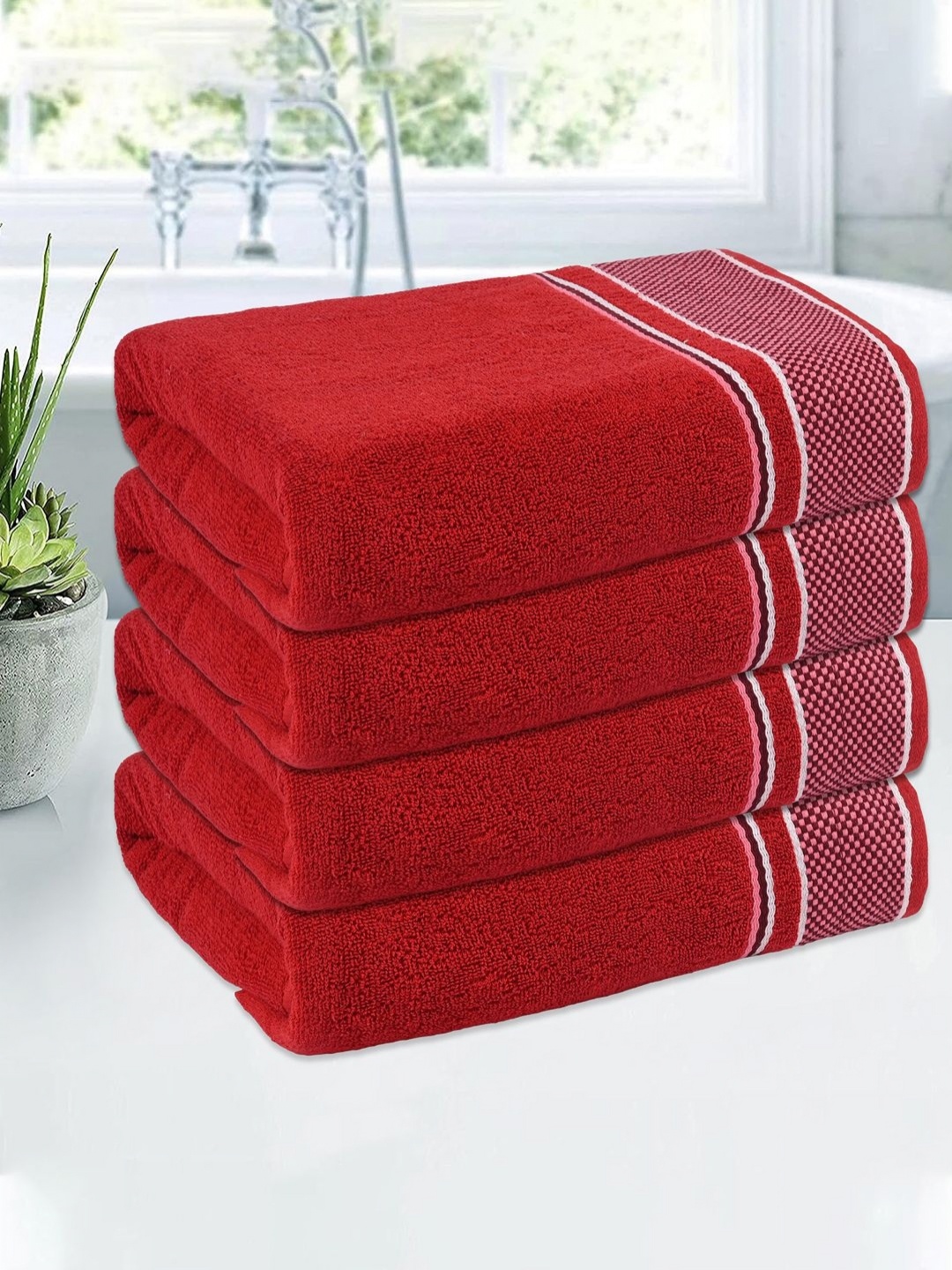 

Kuber Industries Red 4 Pieces Printed Cotton 150 GSM Bath Towel