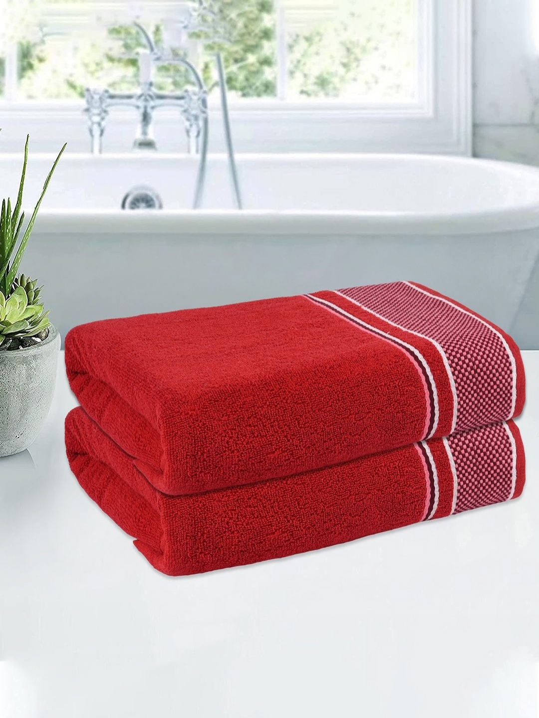 

Kuber Industries Red & White 2 Pieces Striped Cotton 150 GSM Bath Towel
