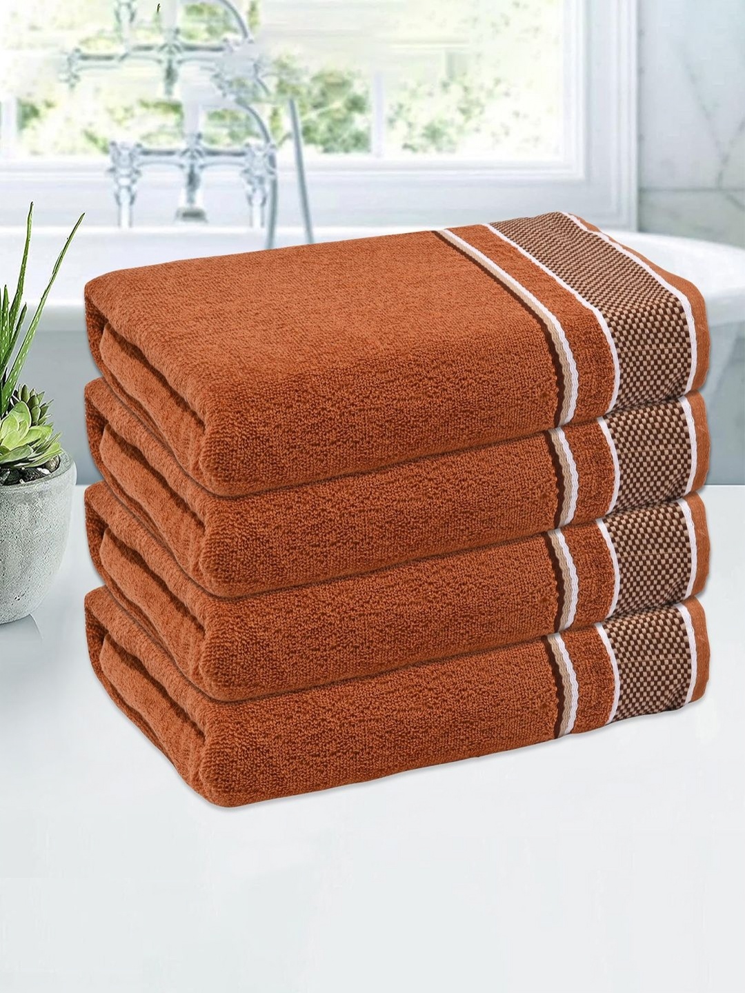 

Kuber Industries Brown & White 4 Pieces Striped Cotton 144 GSM Bath Towels