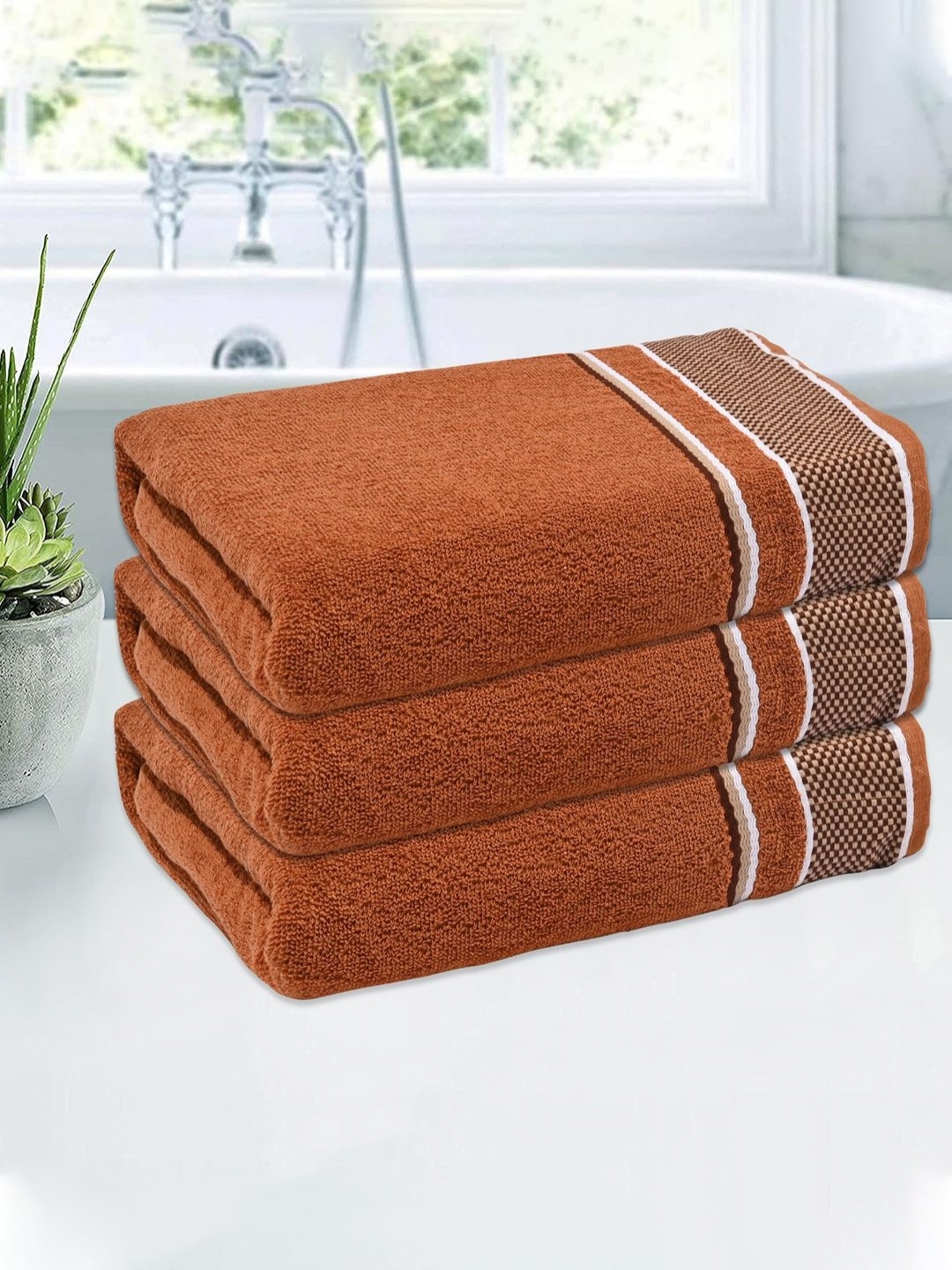

Kuber Industries Brown & White 3 Pieces Striped Cotton 144 GSM Bath Towels