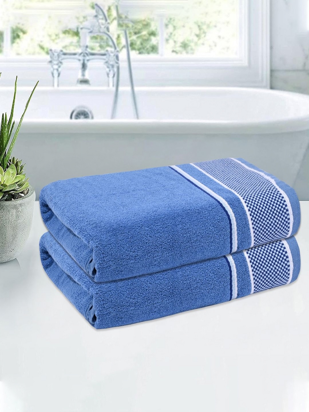 

Kuber Industries Blue & White 2 Pieces Striped Cotton 150 GSM Bath Towel