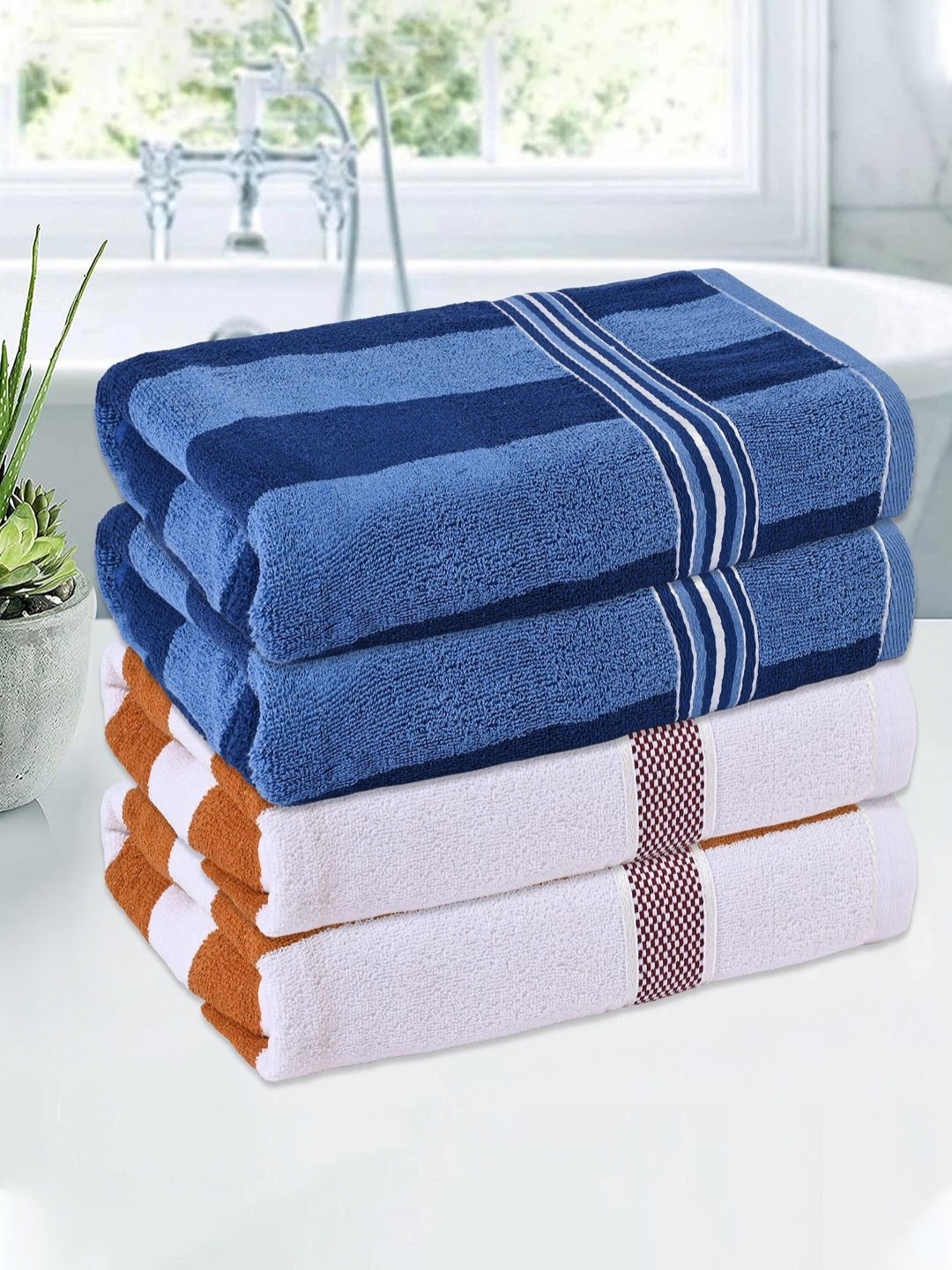 

Kuber Industries White & Blue 4 Pieces Striped Cotton 150 GSM Bath Towels