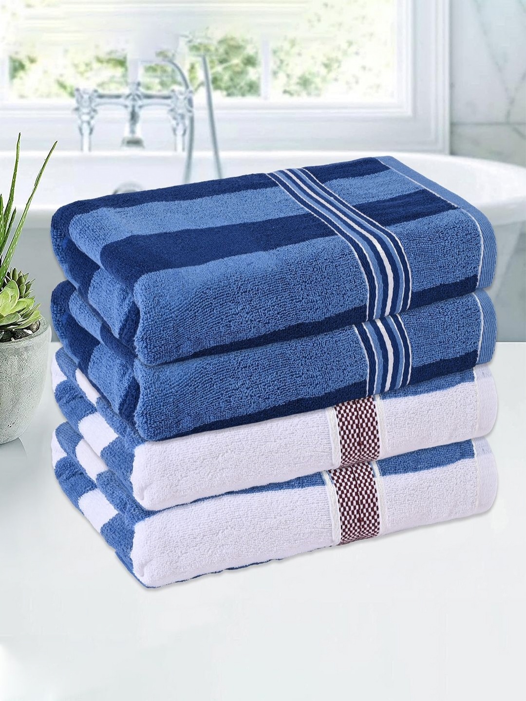 

Kuber Industries White & Blue 4 Pieces Striped Cotton 150 GSM Bath Towel