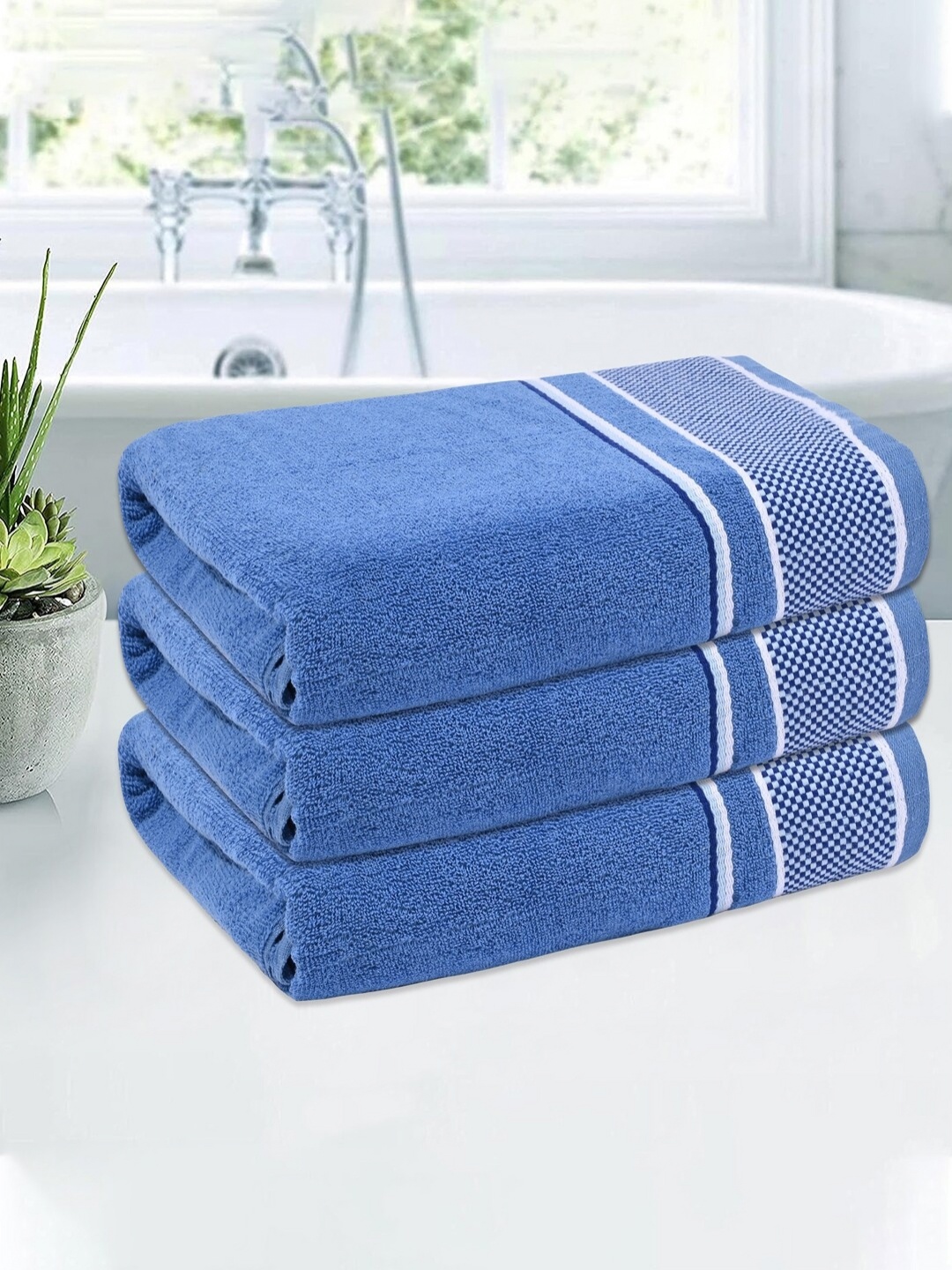 

Kuber Industries Blue & White 3 Pieces Striped Cotton 150 GSM Bath Towel