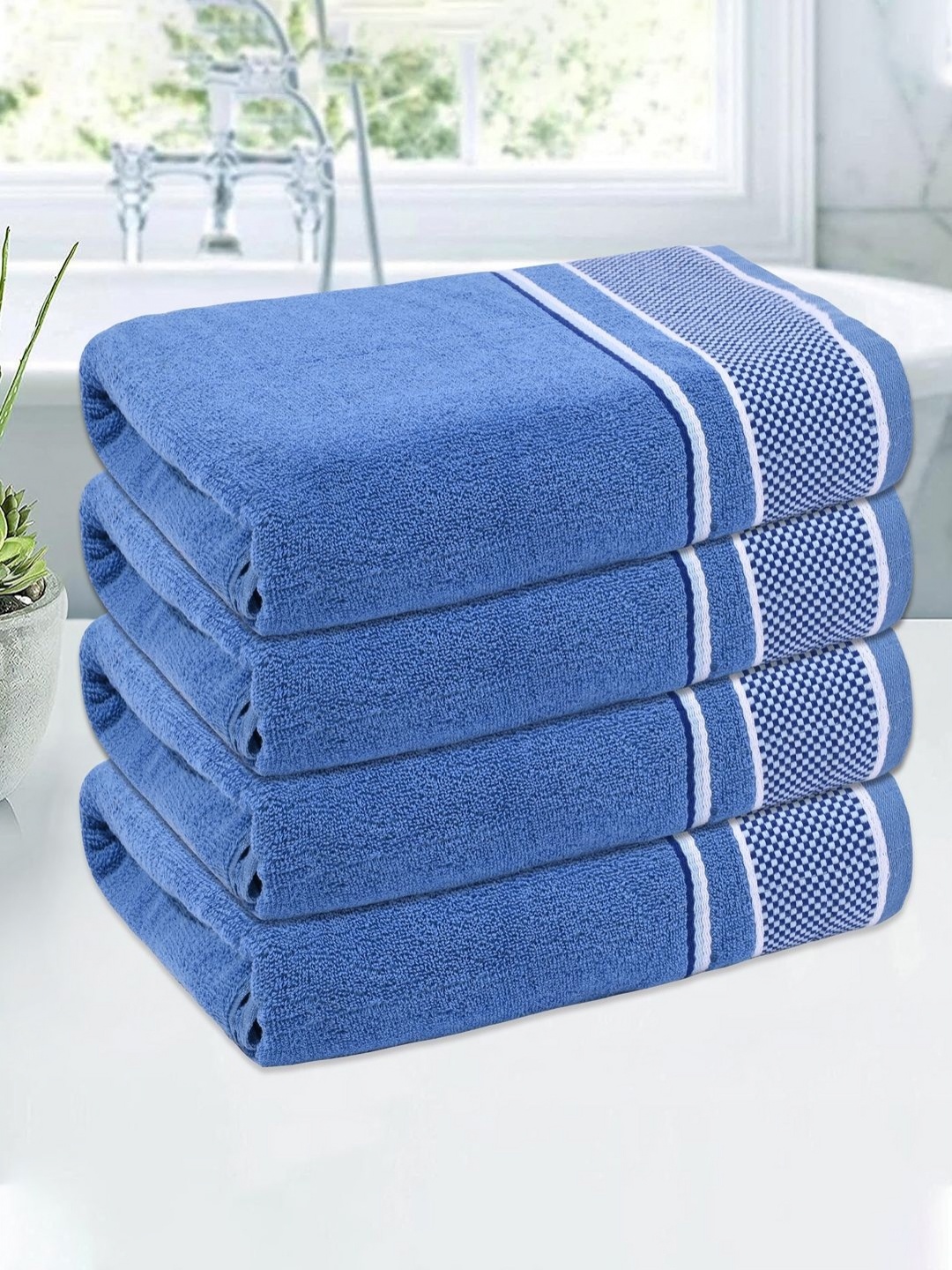 

Kuber Industries Blue 4 Pieces Striped Cotton 144 GSM Bath Towels