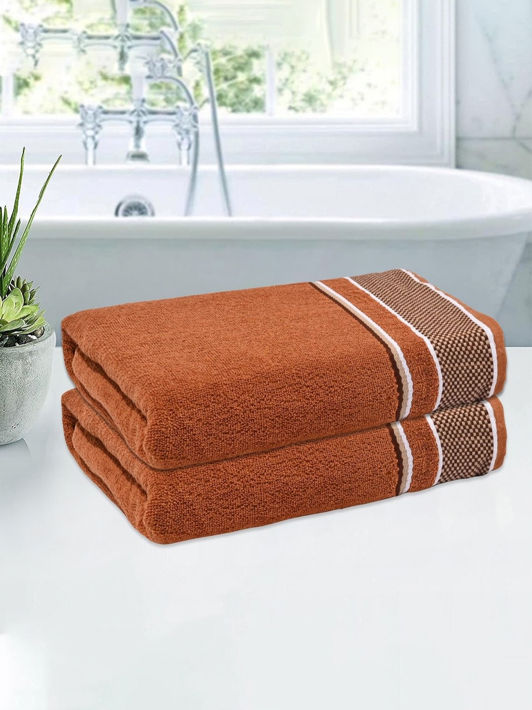

Kuber Industries Brown & White 2 Pieces Striped Cotton 150 GSM Bath Towels
