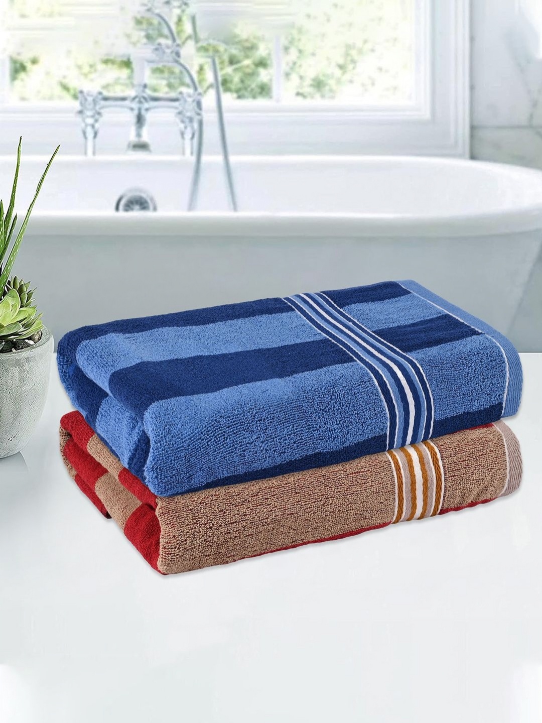 

Kuber Industries Cream-Coloured & Blue 2 Pieces Cotton 150 GSM Bath Towel
