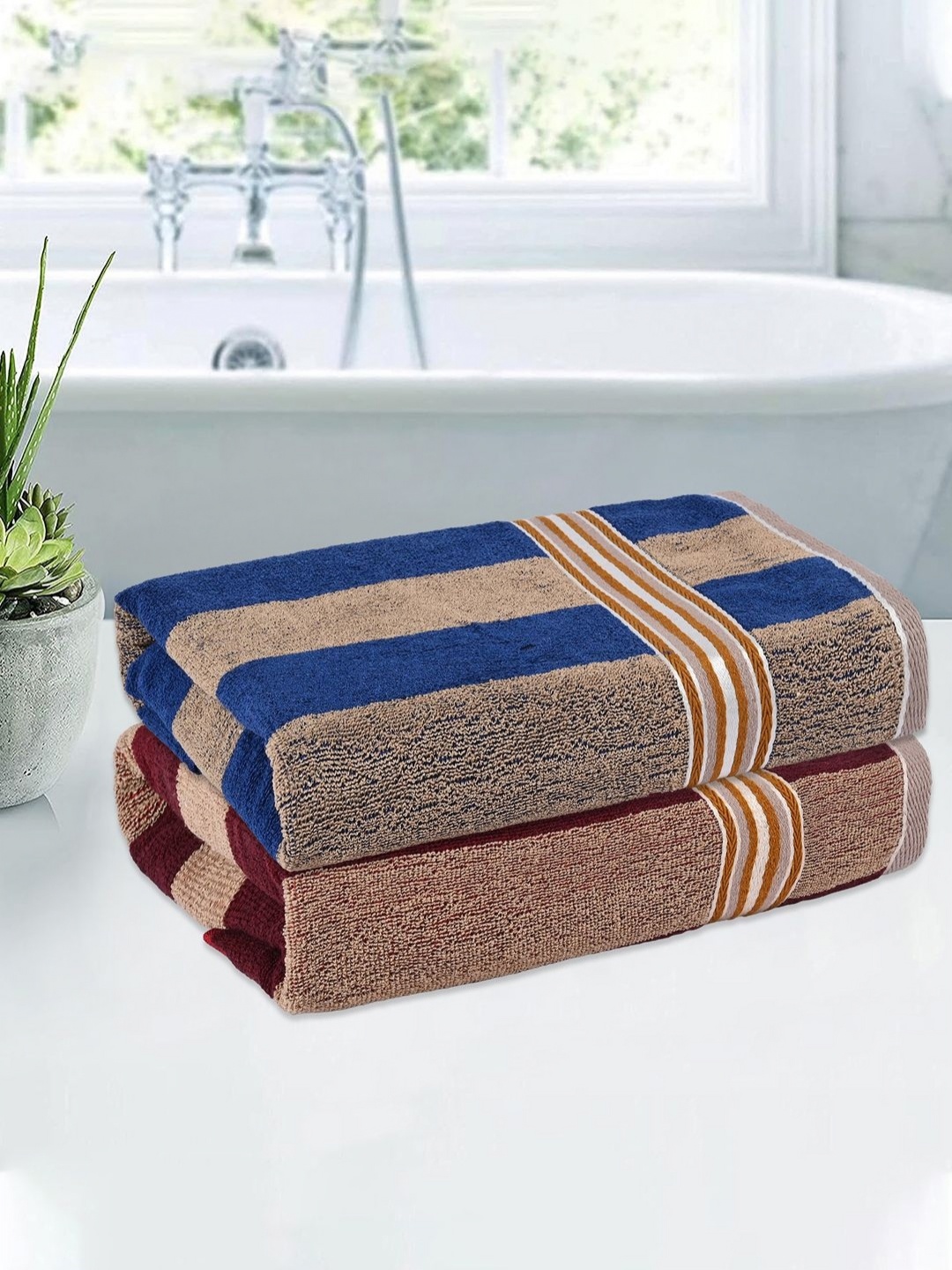 

Kuber Industries Cream-Coloured & Blue 2 Pieces Striped Cotton 150 GSM Bath Towel