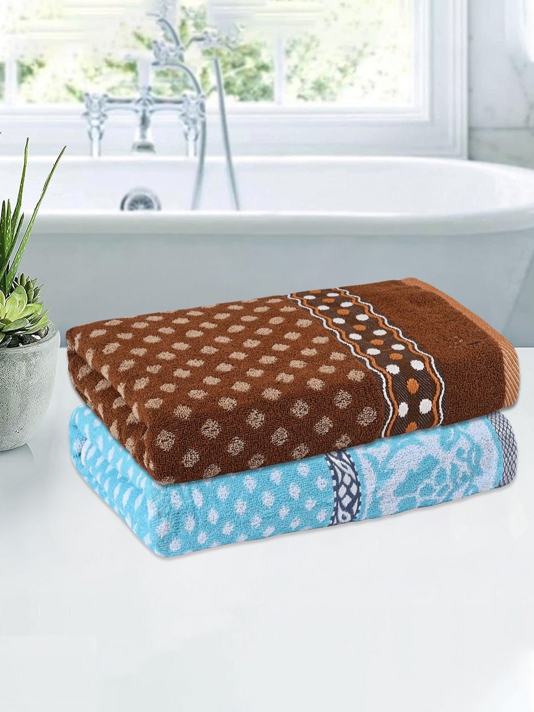 

Kuber Industries Blue & Brown 2 Pieces Printed Cotton 150 GSM Bath Towel