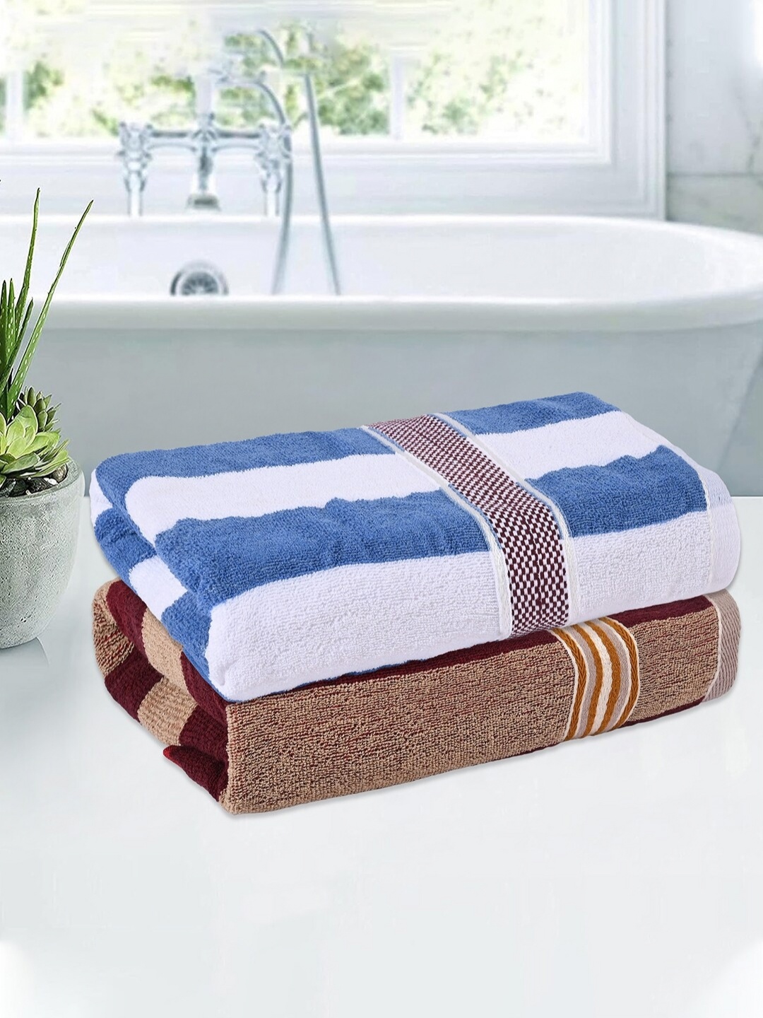 

Kuber Industries Cream-Coloured & White 2 Pieces Cotton 150 GSM Bath Towels