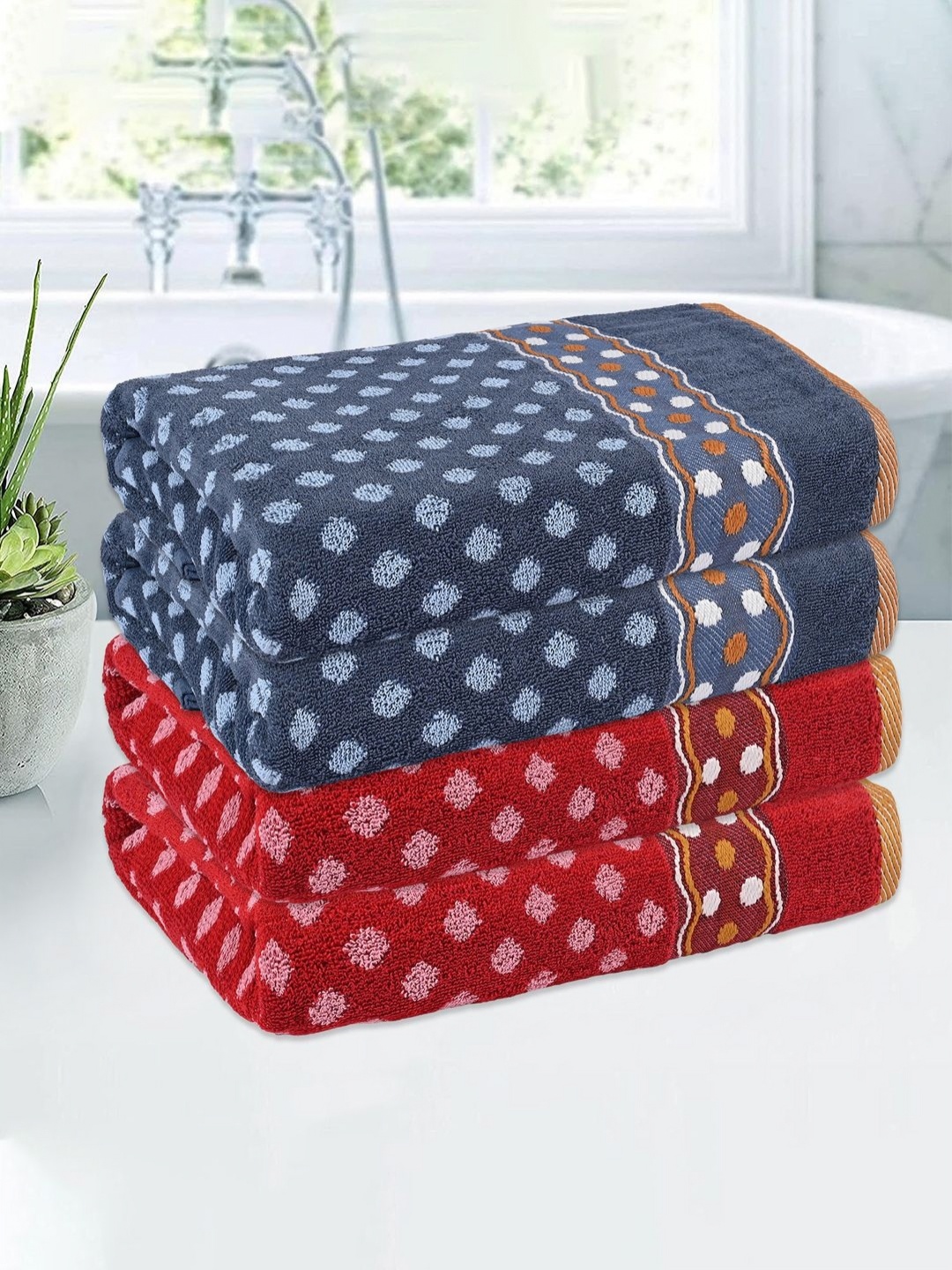 

Kuber Industries Red & Grey 4 Pieces Printed Cotton 150 GSM Bath Towels