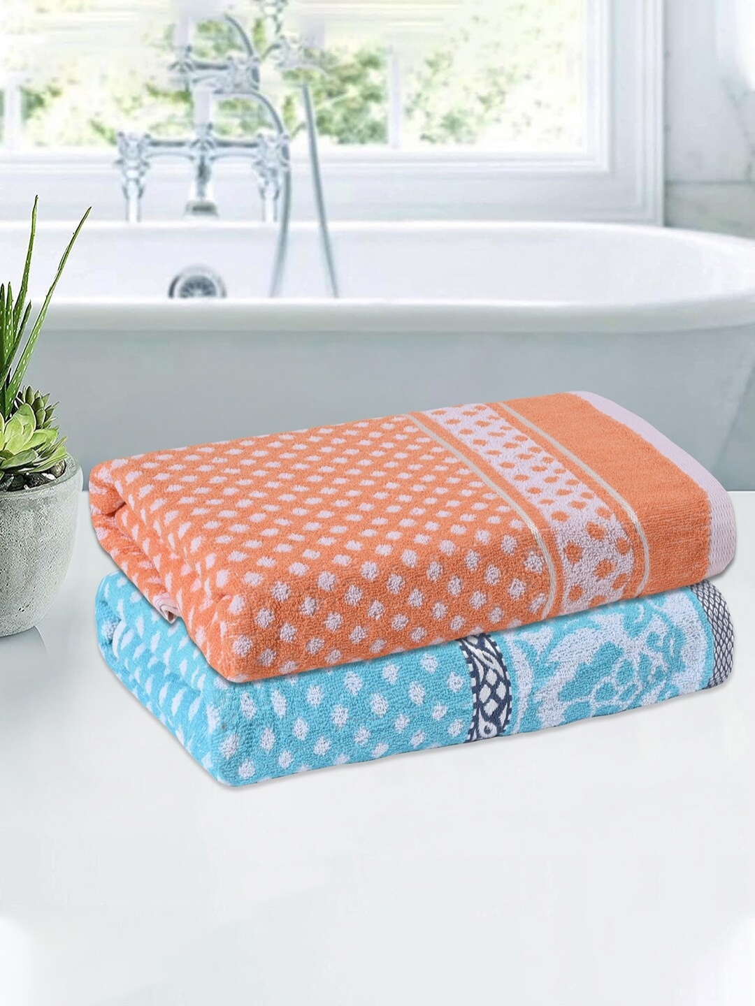 

Kuber Industries Orange & Turquoise Blue 2 Pieces Printed Cotton 150 GSM Bath Towels