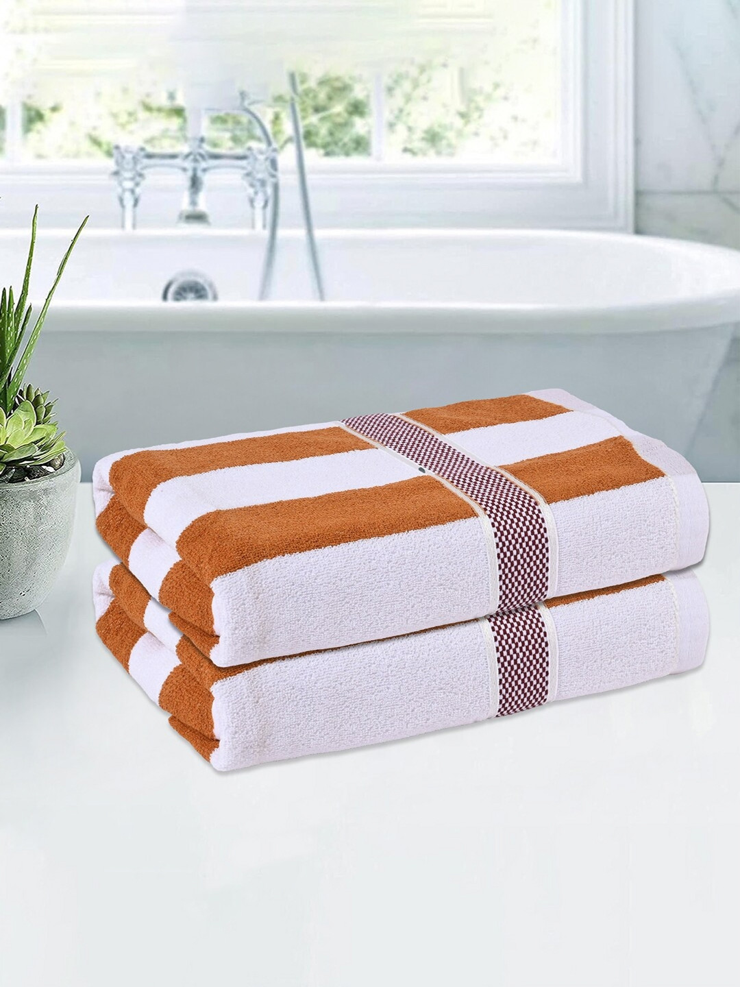 

Kuber Industries White & Brown 2 Pieces Striped Cotton 144 GSM Bath Towel