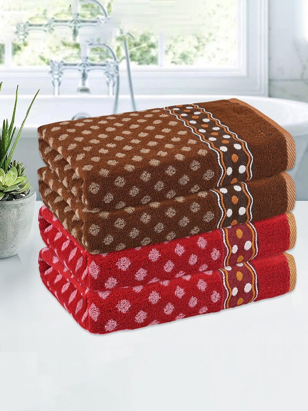 

Kuber Industries Red & Brown 4 Pieces Printed Cotton 144 GSM Bath Towels