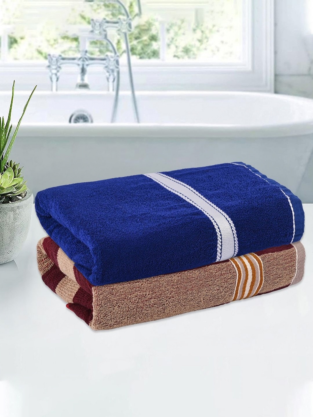 

Kuber Industries Cream-Coloured & Blue 2 Pieces Striped Cotton 144 GSM Bath Towels