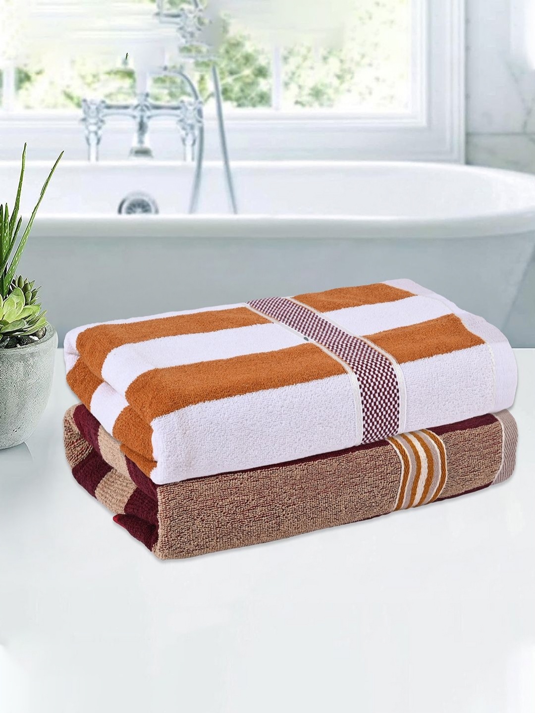 

Kuber Industries Cream & White 2 Pieces Striped Cotton 150 GSM Bath Towel