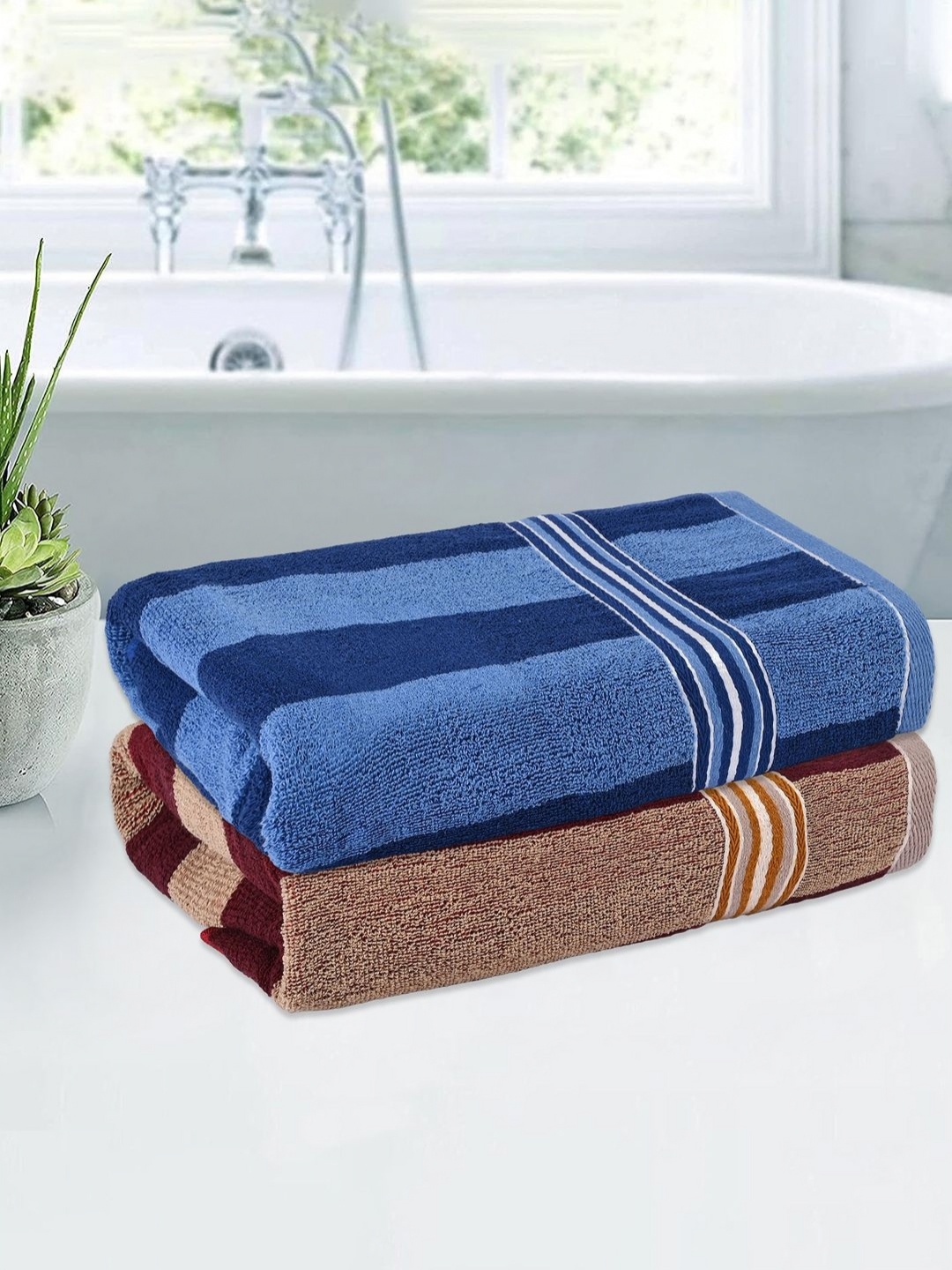

Kuber Industries Cream & Blue 2 Pieces Cotton 150 GSM Bath Towel