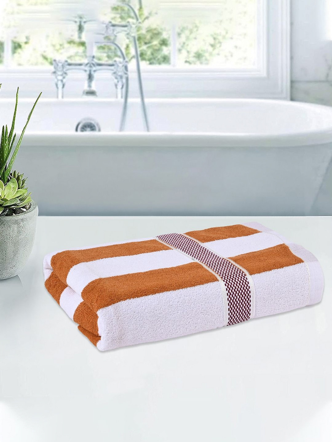 

Kuber Industries White & Brown Striped Cotton 150 GSM Bath Towel