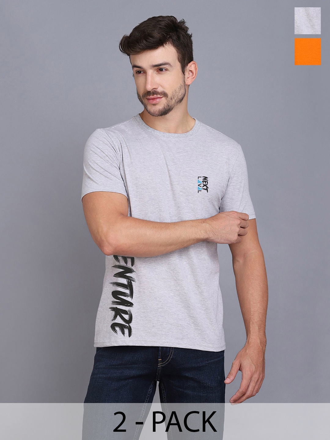 

SLOWLORIS Men Pack Of 2 Typography Printed Cotton T-shirt, Orange
