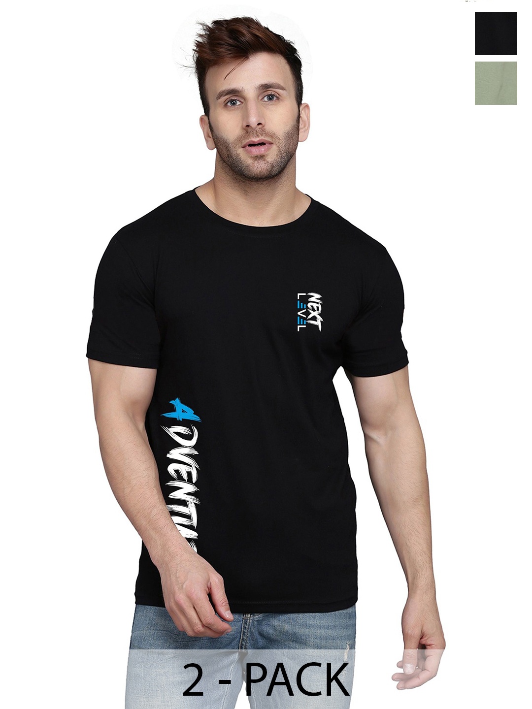 SLOWLORIS Men Typography 2 Printed Henley Neck Applique T-shirt, Green