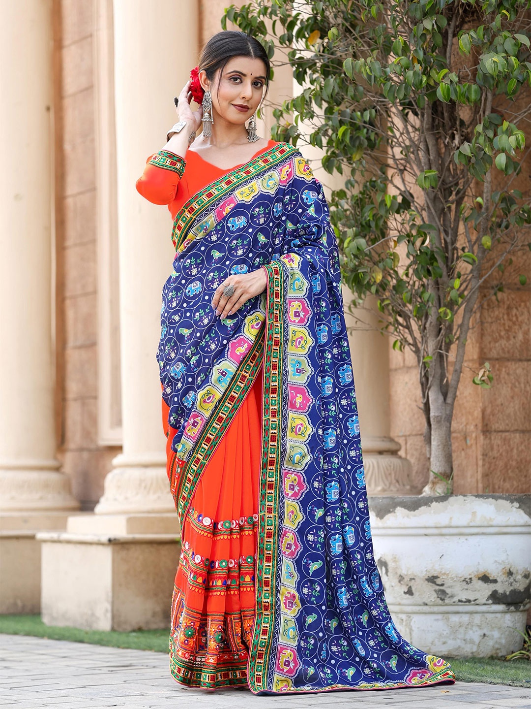 

ALAGINI Ethnic Motifs Beads and Stones Half and Half Patola Saree, Blue