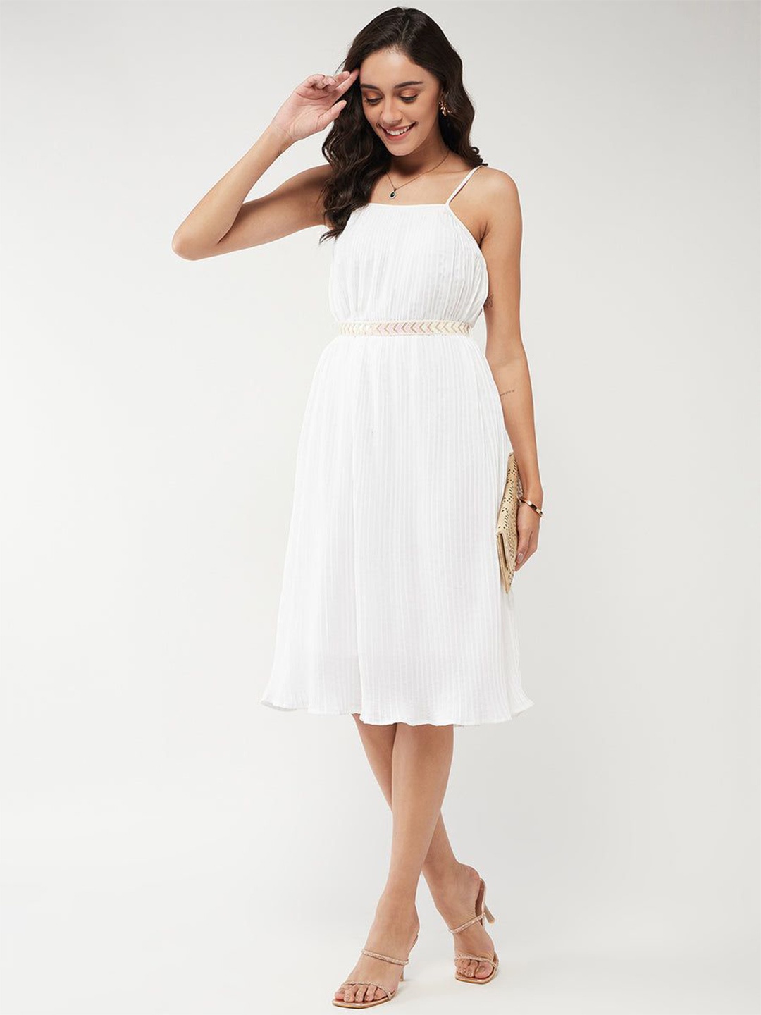 

Zima Leto Striped Shoulder Straps Crepe A-Line Dress, White