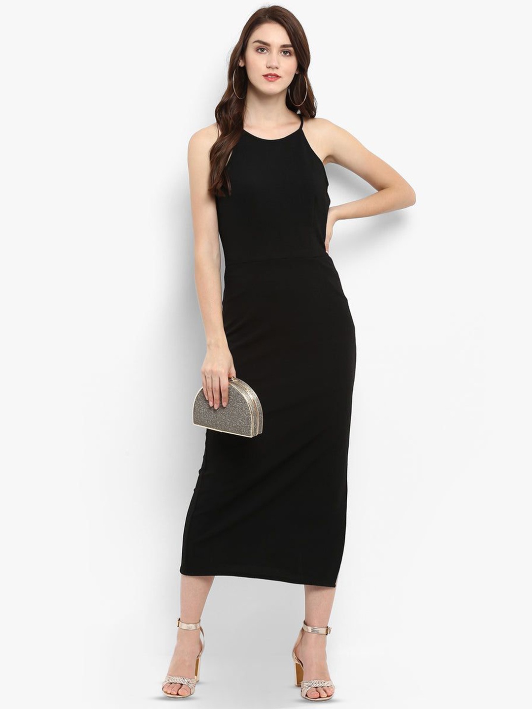 

Zima Leto Shoulder Straps Midi Bodycon Dress, Black