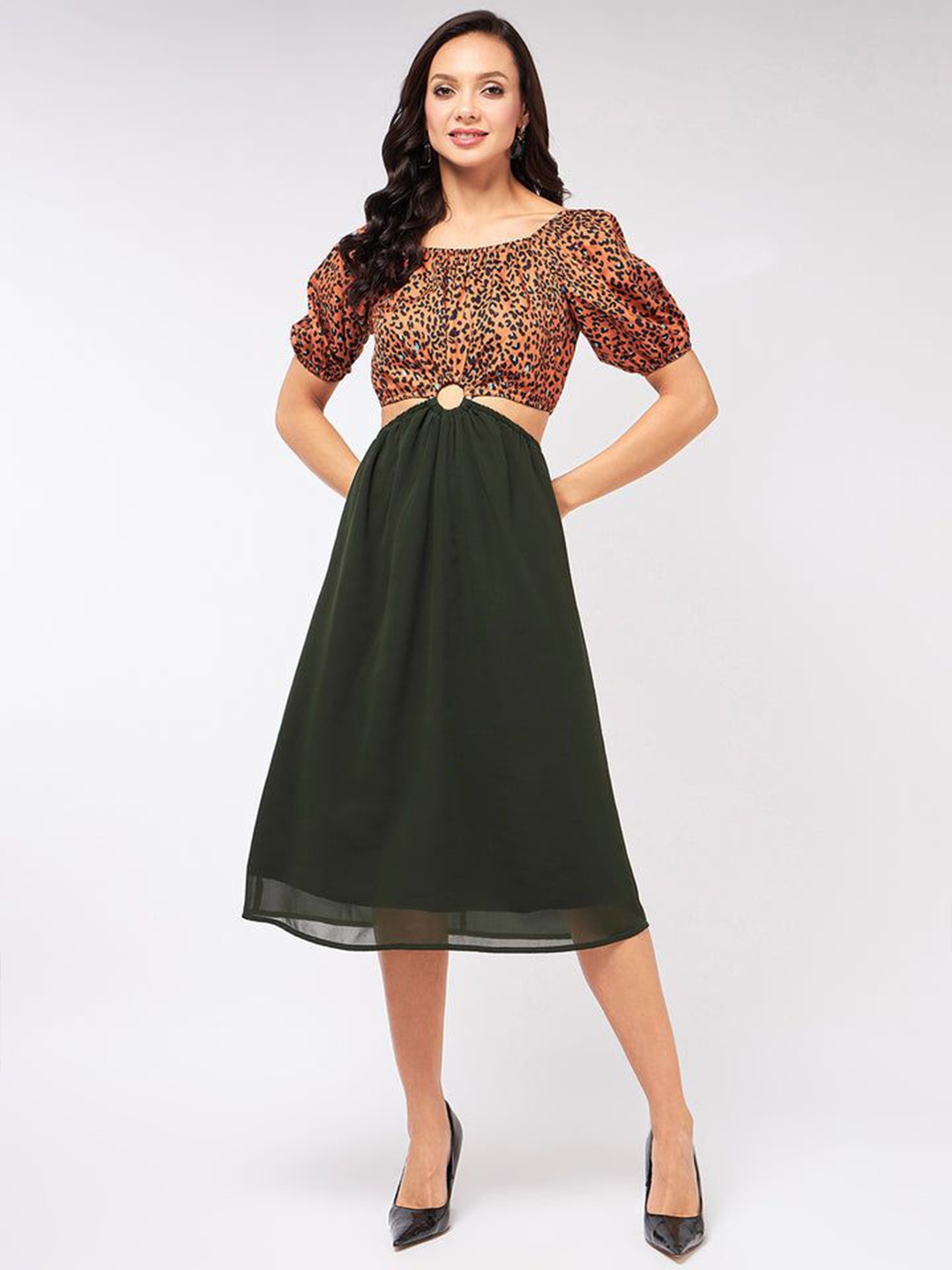 

Zima Leto Animal Printed Puff Sleeves Cut-Outs Crepe Midi A-Line Dress, Brown