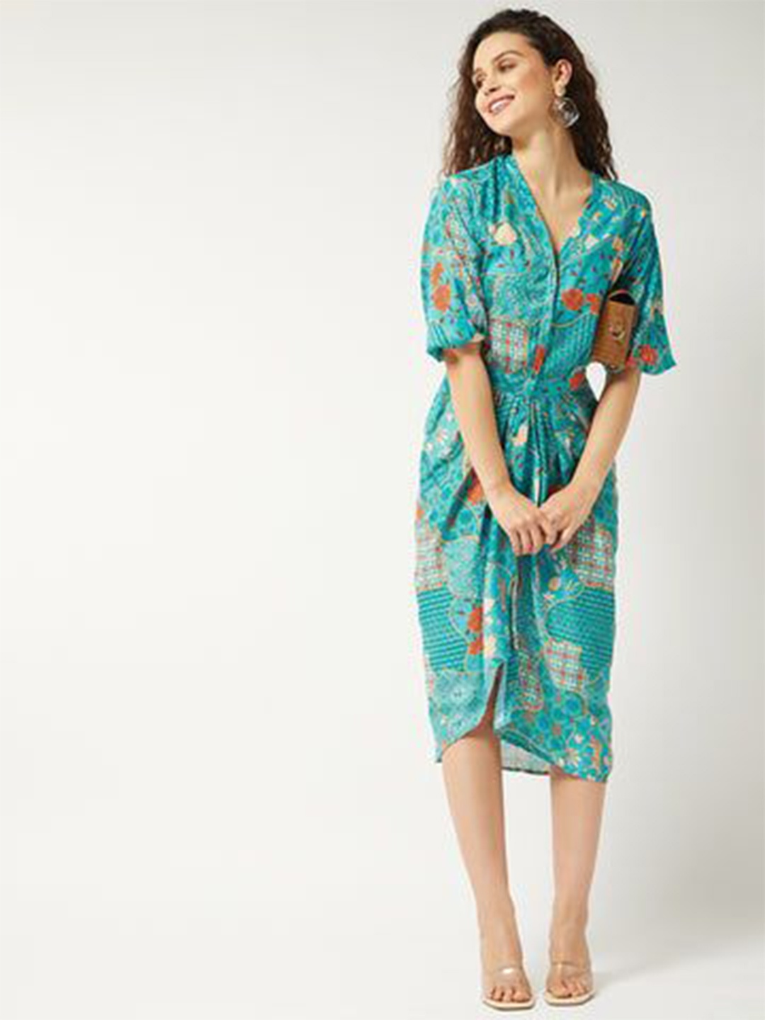 

Zima Leto Floral Printed Flared Sleeve Midi A-Line Dress, Green