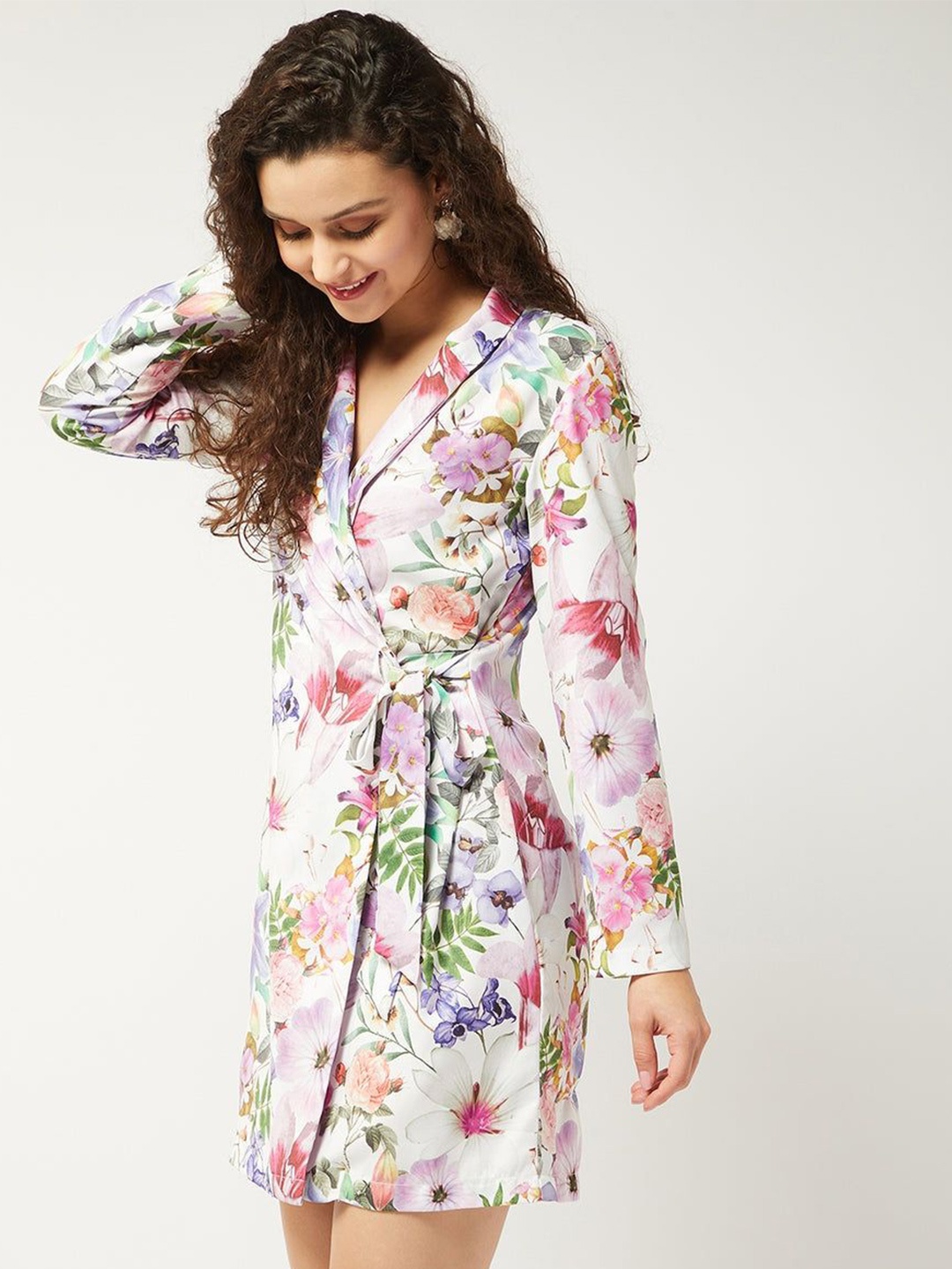 

Zima Leto Women Floral Printed Shawl Collar Wrap Dress, White