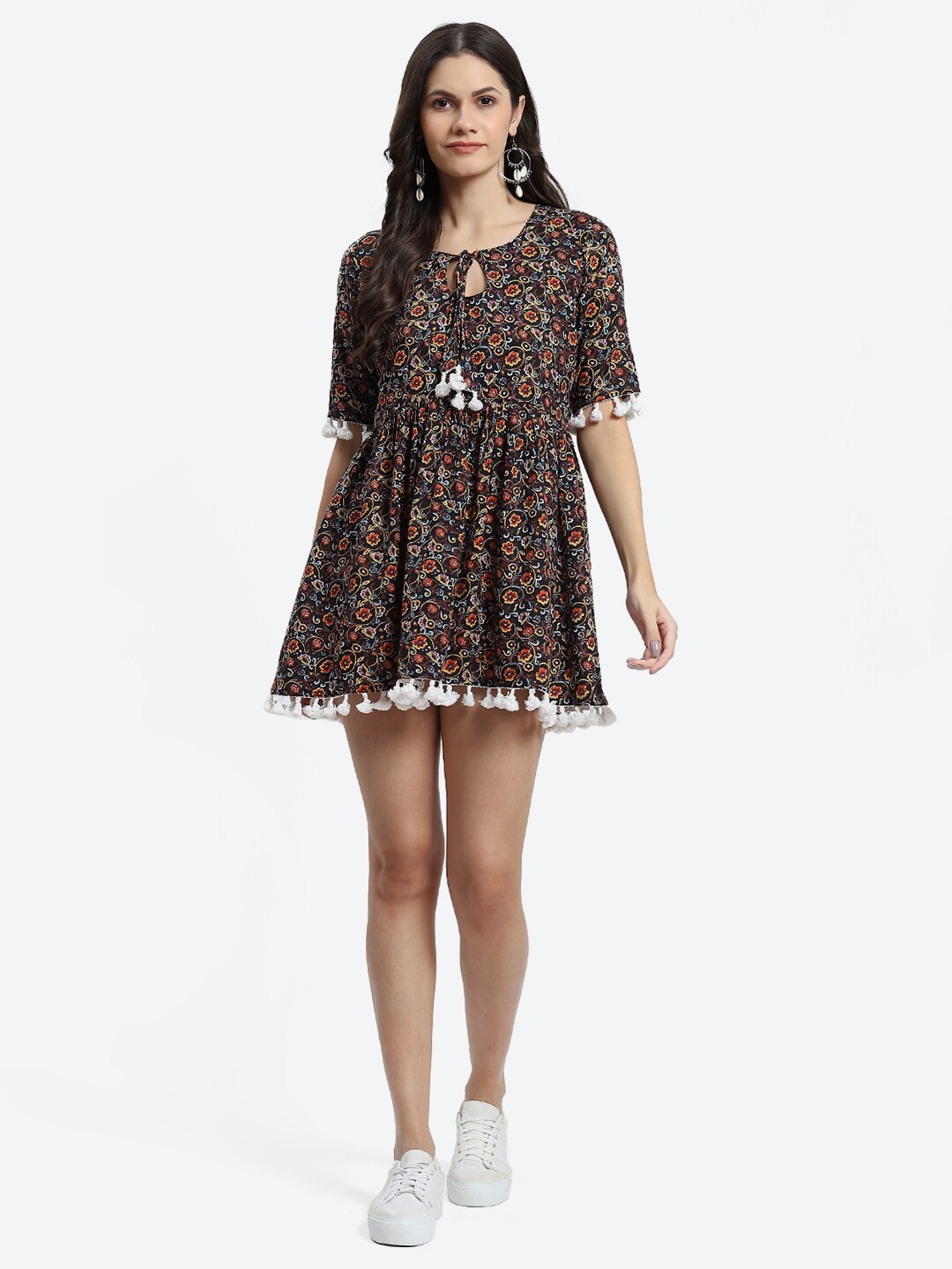 

Kurti's by Menka Floral Print Tie-Up Neck A-Line Dress, Black
