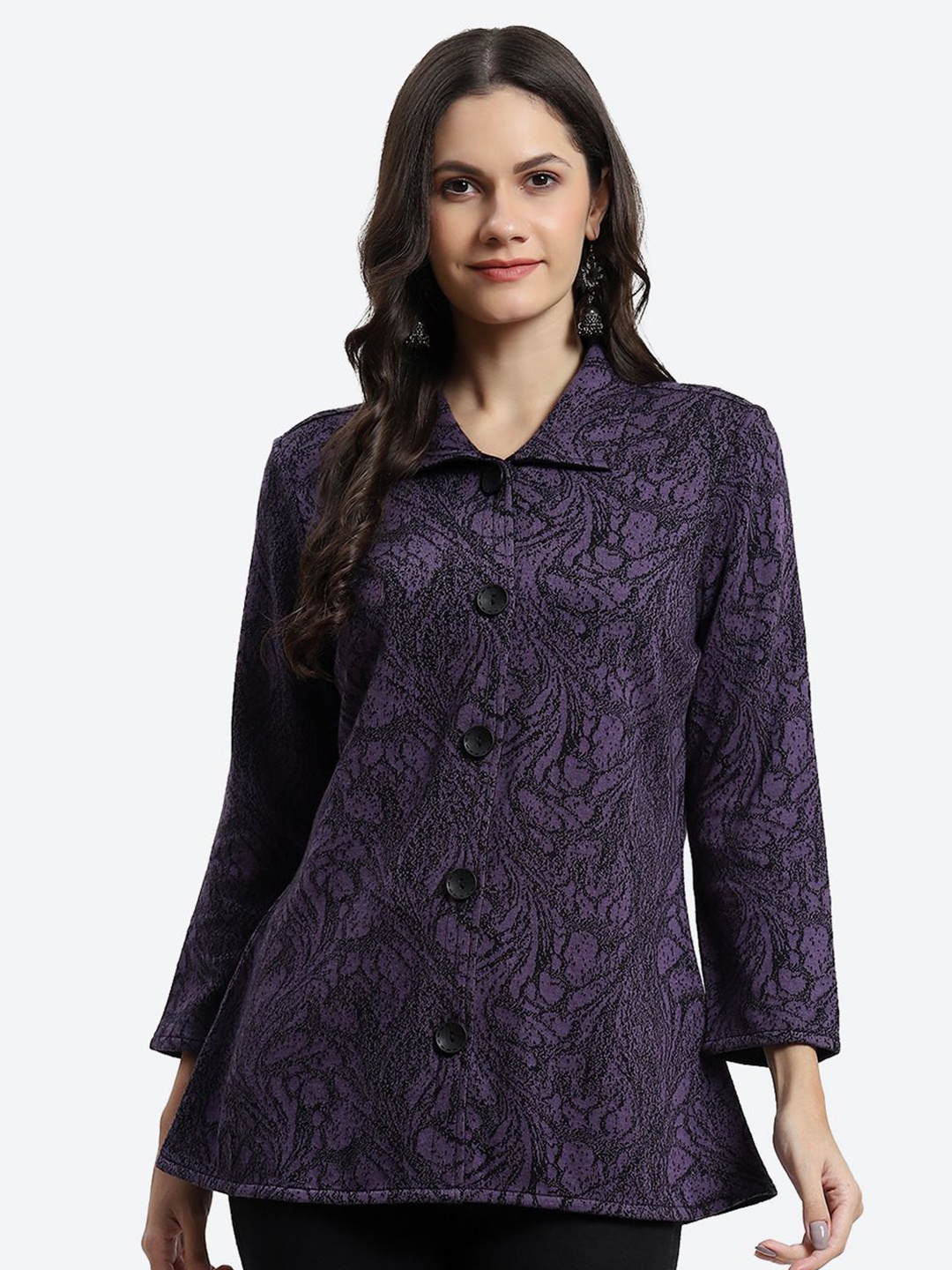 

Kurti's by Menka Women Shirt Collar A-line Lace Design Cotton Top, Purple