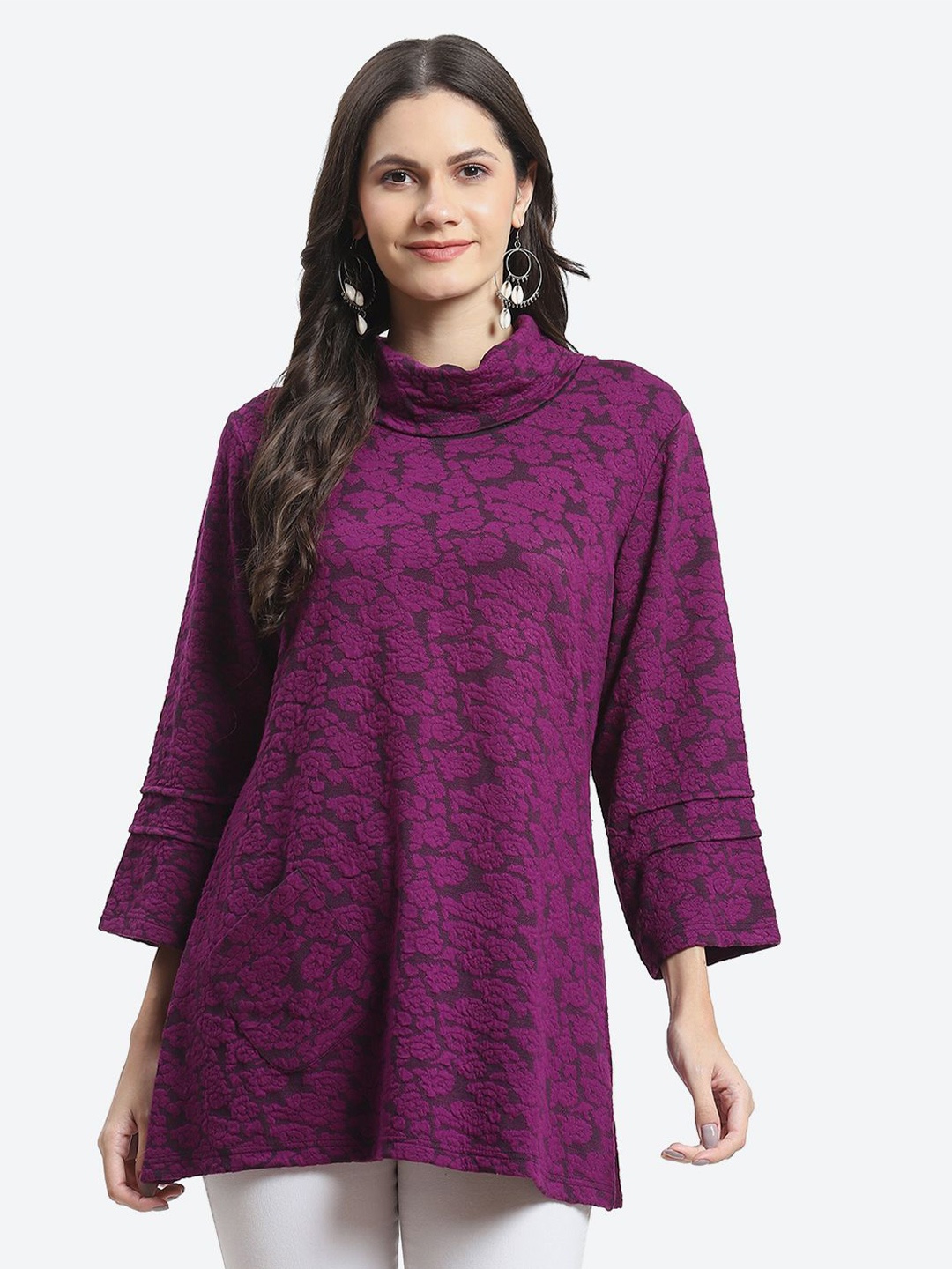 

Kurti's by Menka Self Design High Neck Pure Cotton Top, Purple