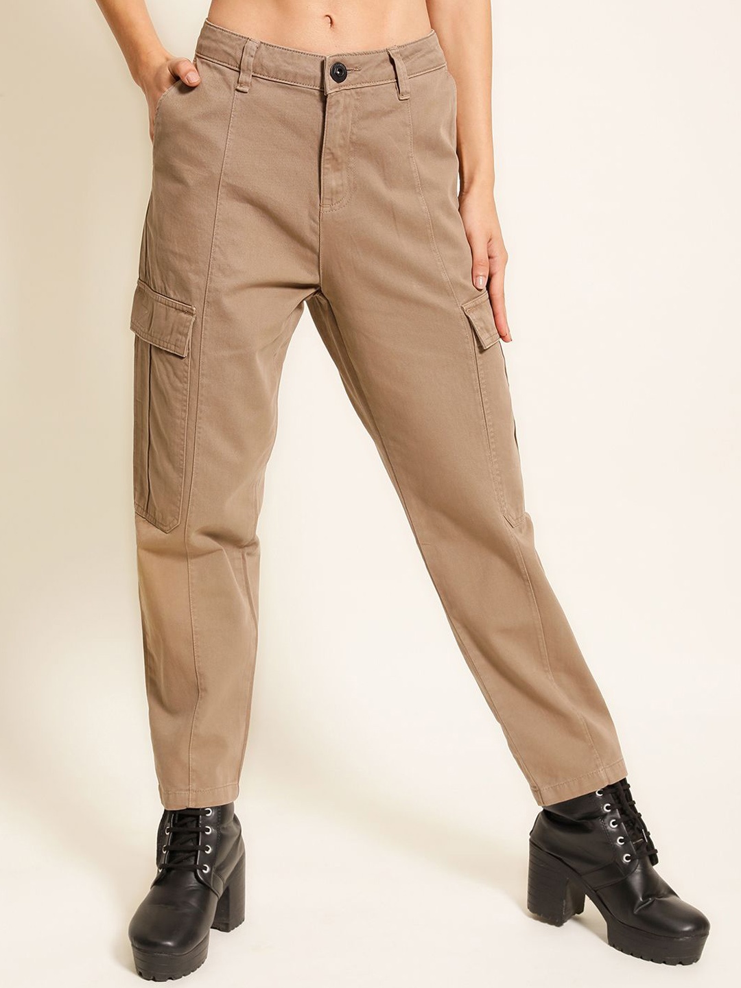 

The Lifestyle Co. Women Brown Mid Rise Pure Cotton Paneled Cargo Trouser