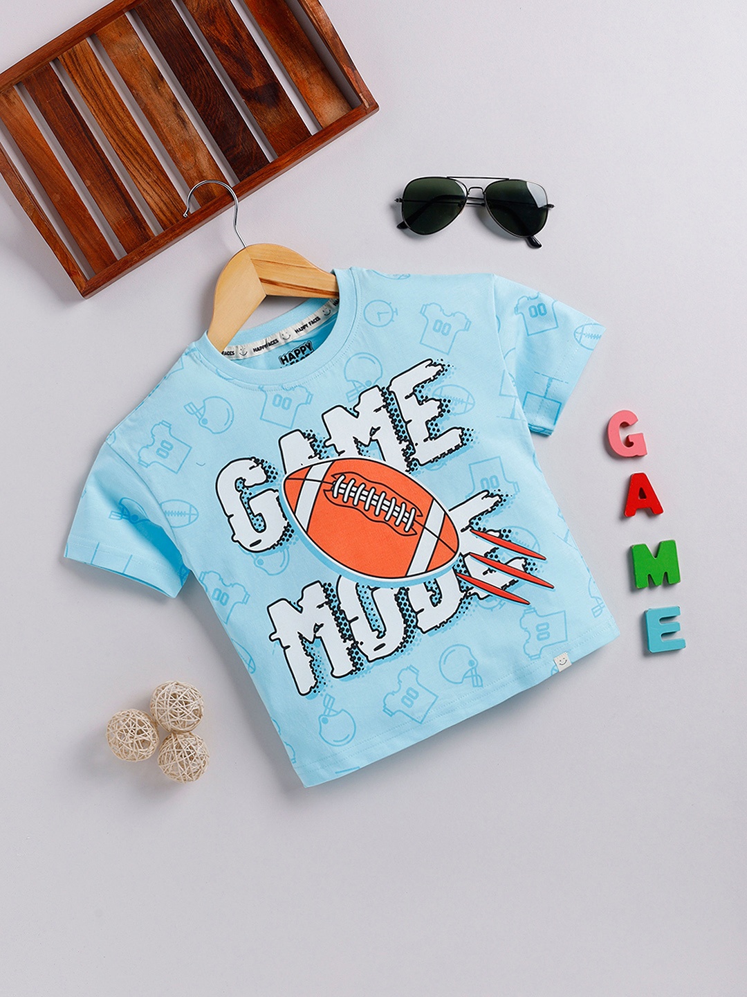 

Happy Faces Boys Pure Cotton Printed T-shirt, Blue