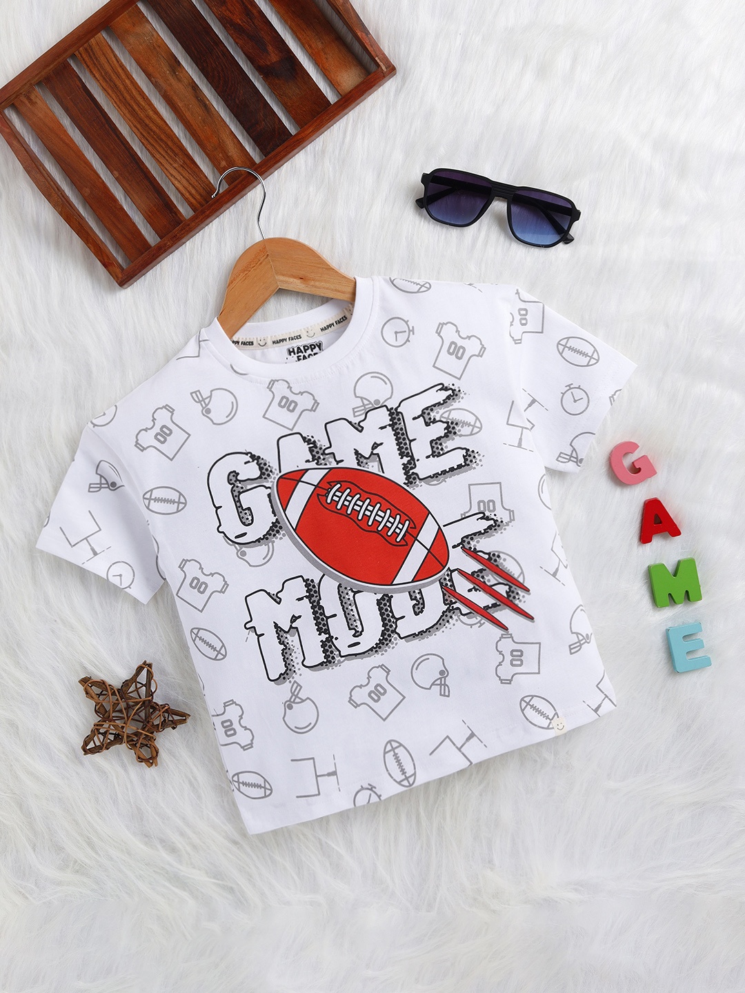 

Happy Faces Boys Pure Cotton Printed T-shirt, White