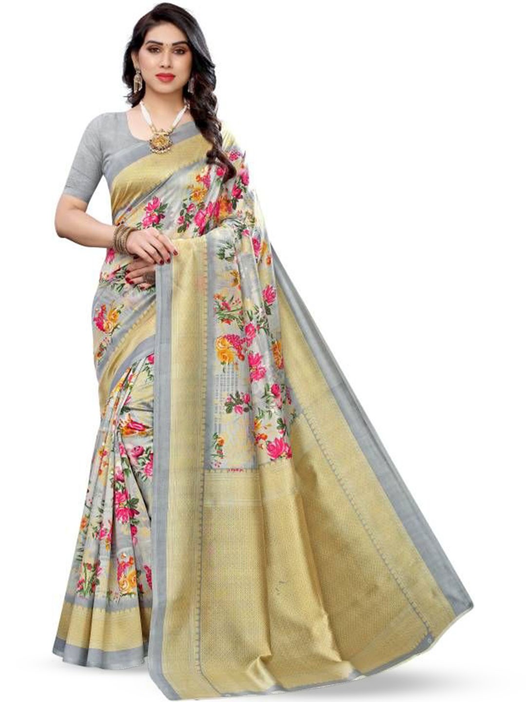 

RUNAYA NX Floral Print Pure Silk Saree, Grey