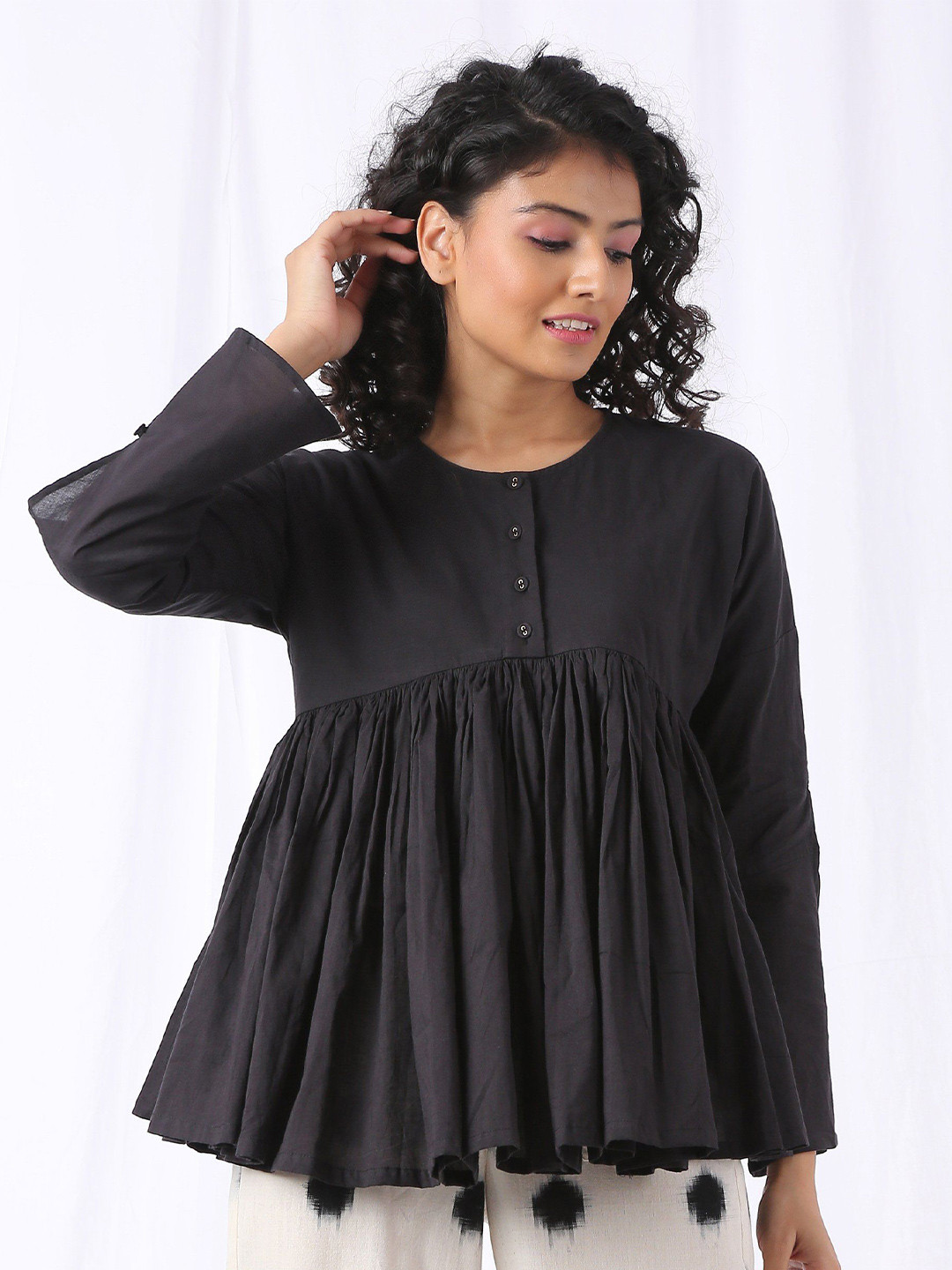 

VASSTRAM Round Neck Flared Sleeve Cotton Peplum Top, Black