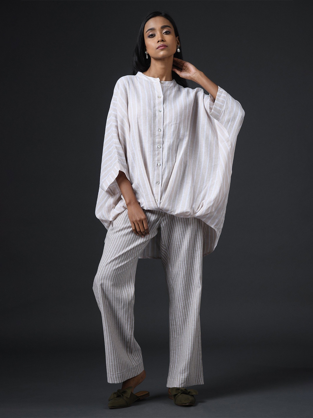 

VASSTRAM Striped Mandarin Collar Batwing Sleeve Cotton Boxy Top, Beige