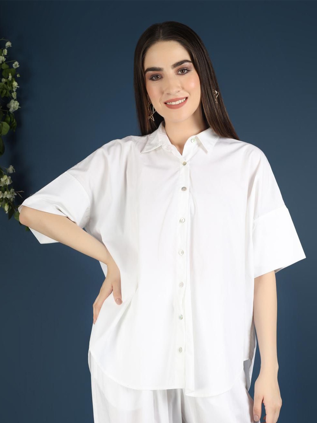 

VASSTRAM Shirt Collar Short Sleeves Cotton Shirt Style Top, White